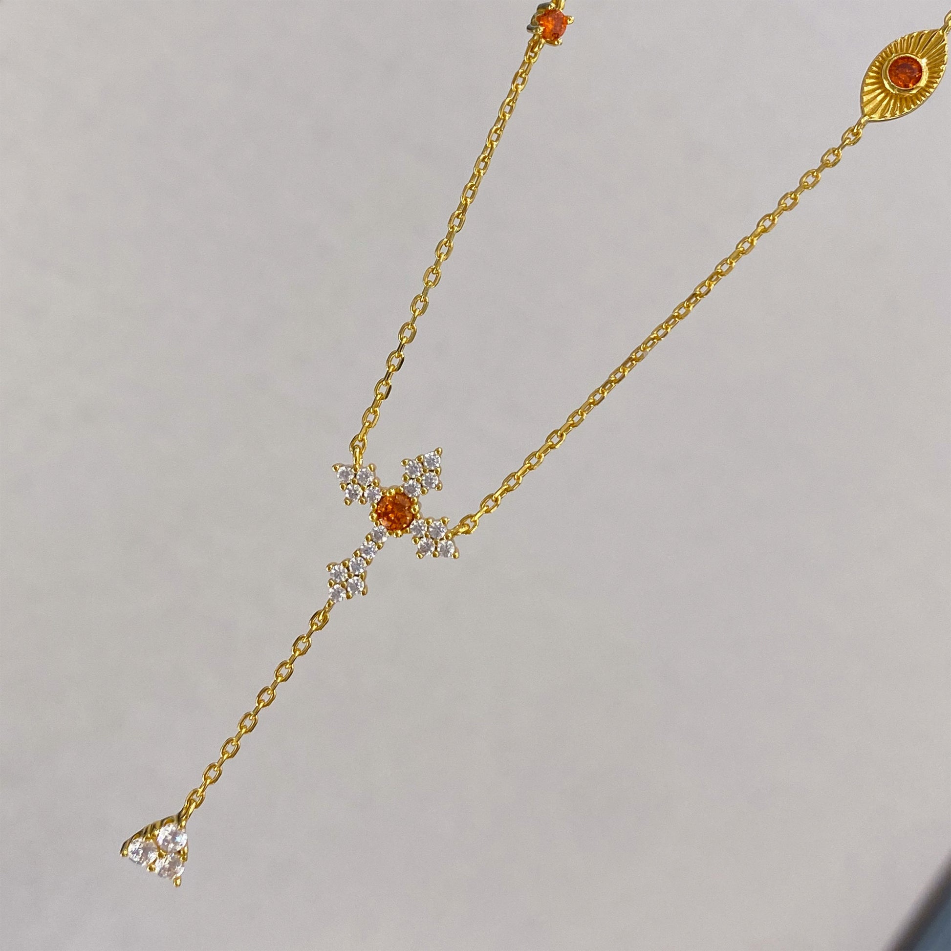 Orange Cross Y-Necklace | Silver Necklace