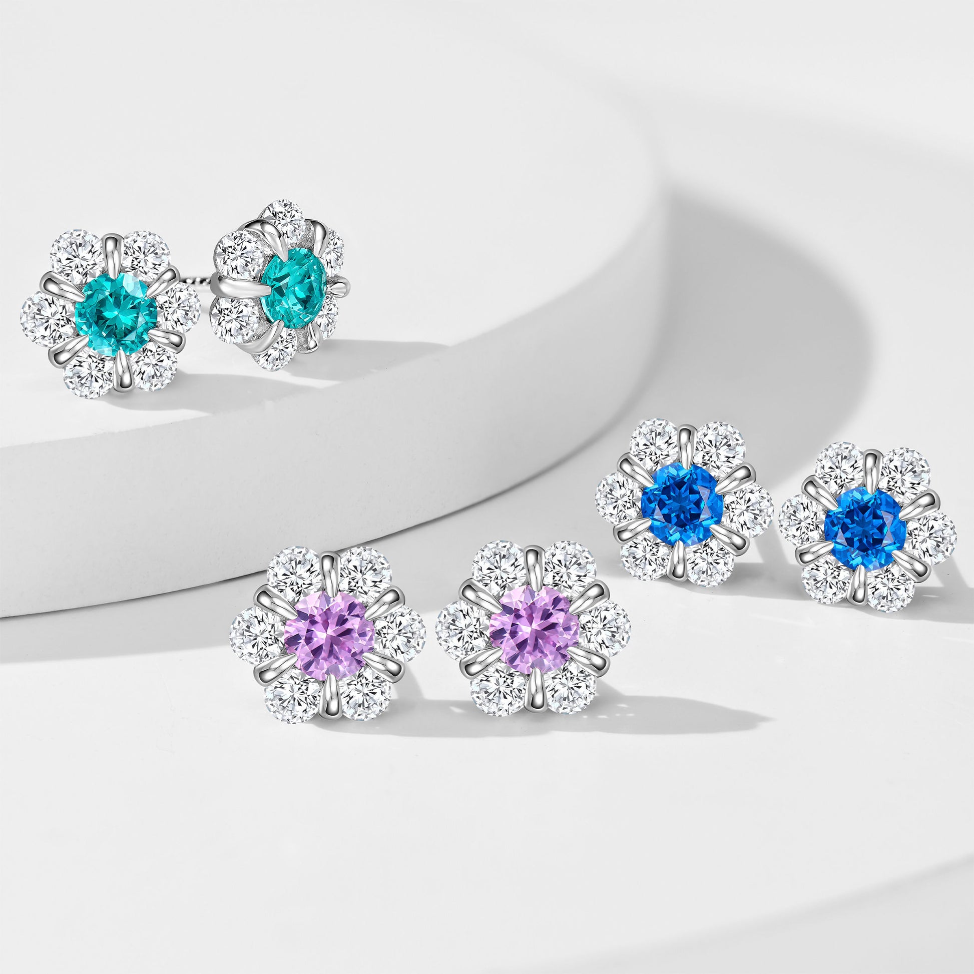 Blue Gemstone Flower Stud Earrings | Silver Earrings