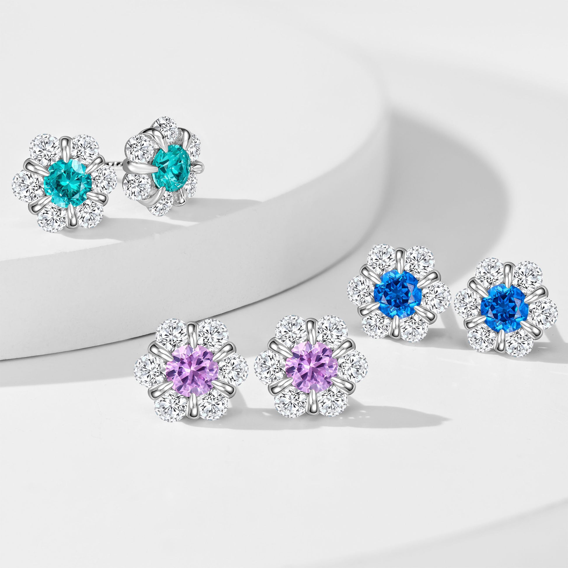 Light Blue Gemstone Flower Stud Earrings | Silver Earrings