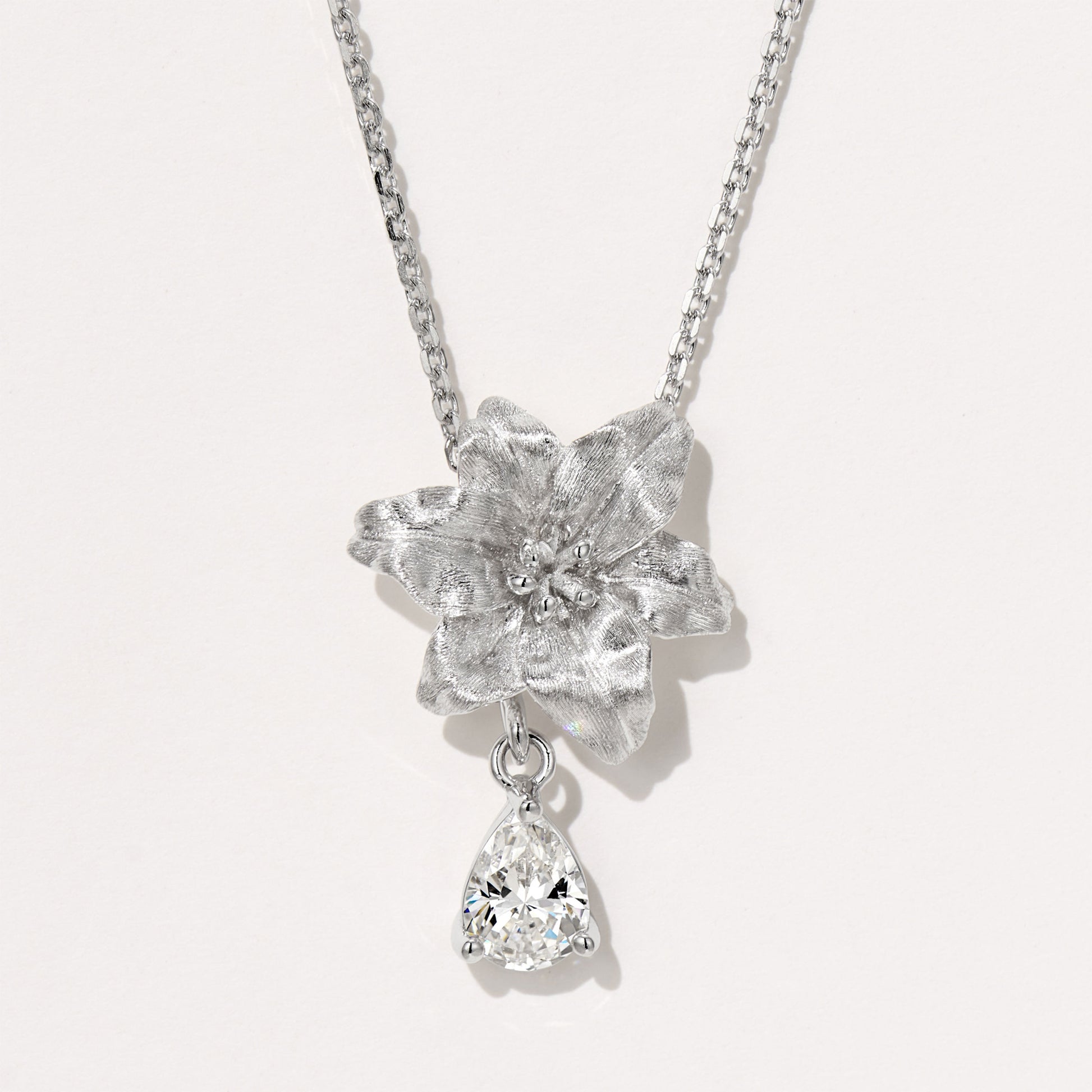 Flower Necklace with Pear Drop  | Silver Necklace
