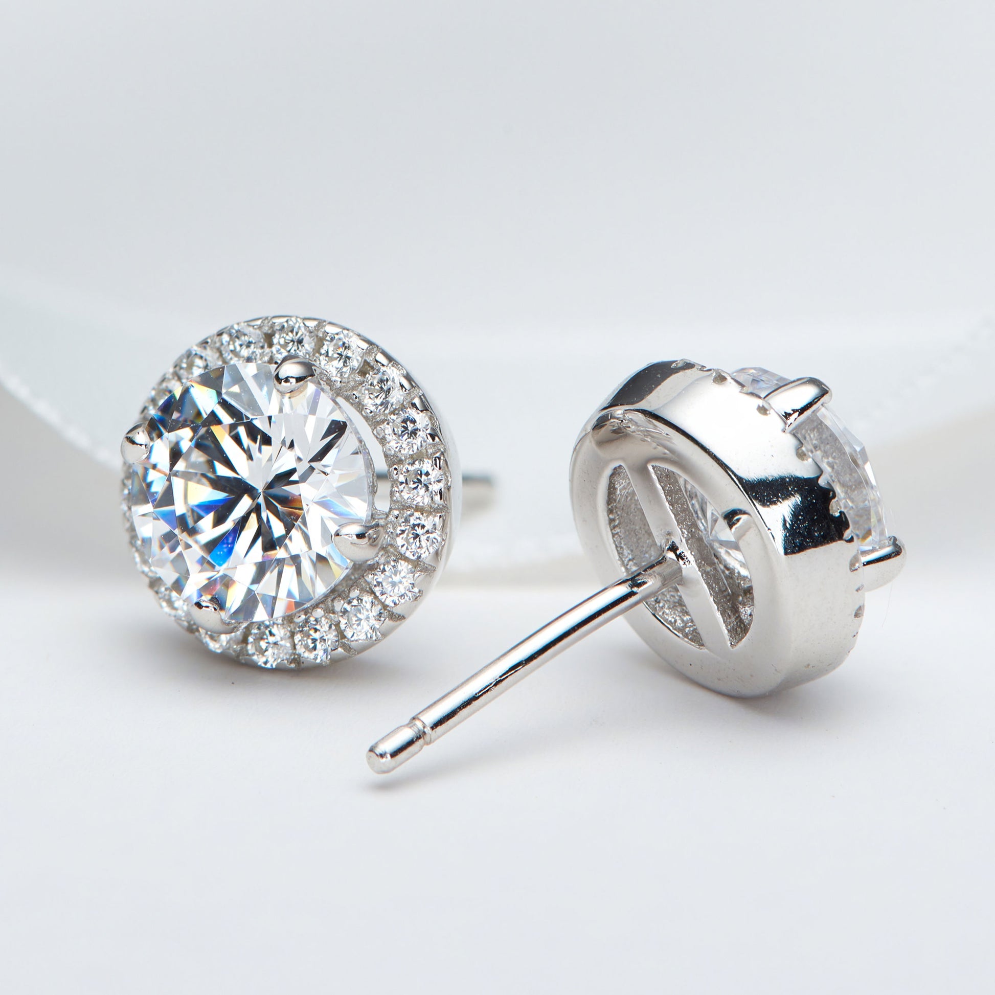 Classic Round Brilliant Halo Stud Earrings | Silver Earrings