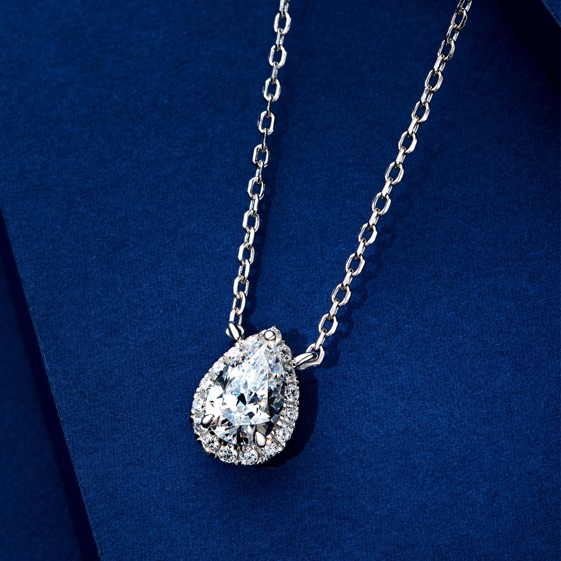 Pear-Cut Halo Pendant | Silver Necklace
