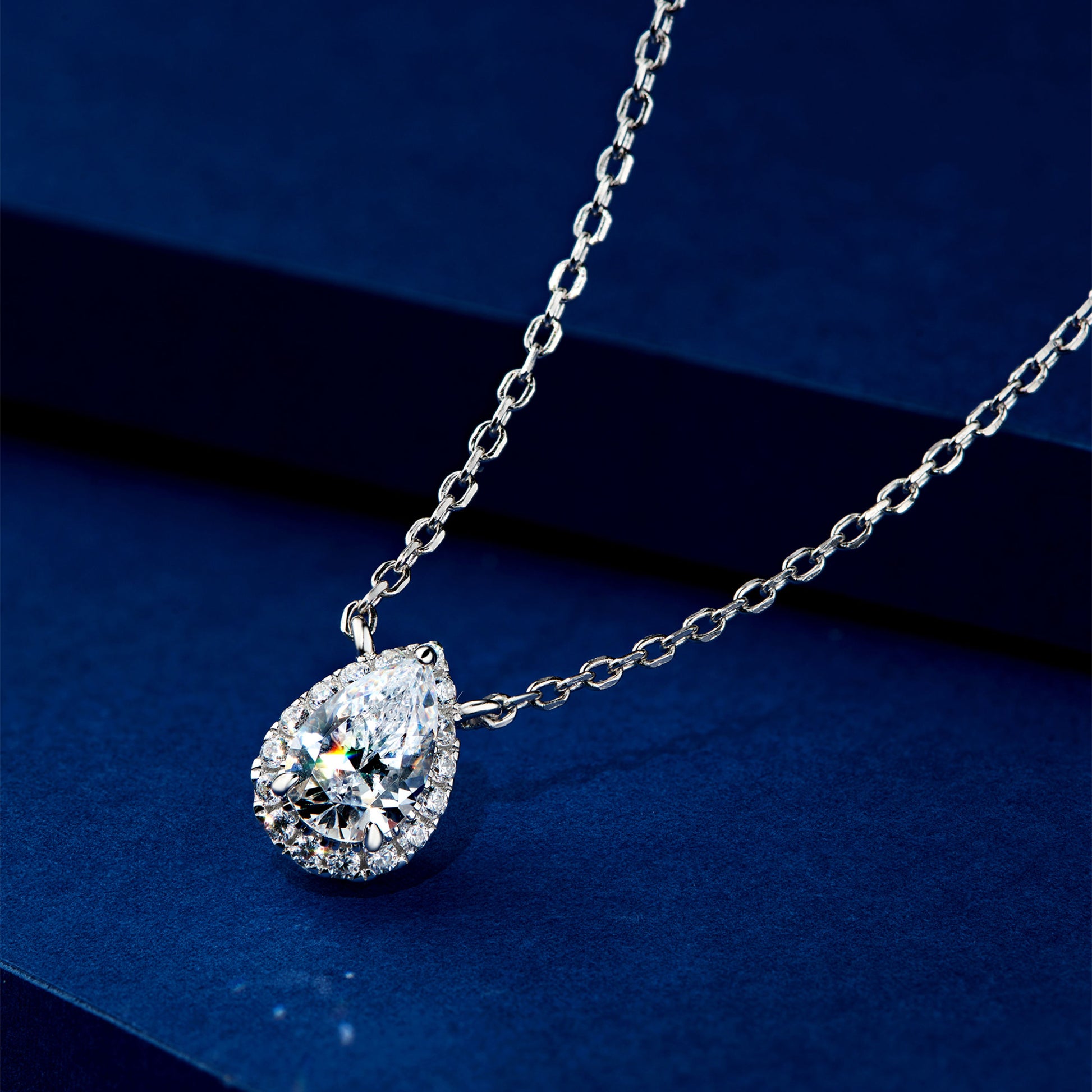 Pear-Cut Halo Pendant | Silver Necklace