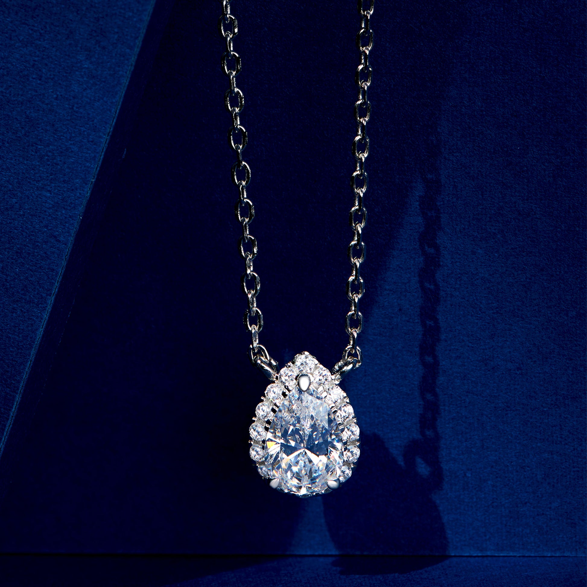 Pear-Cut Halo Pendant | Silver Necklace