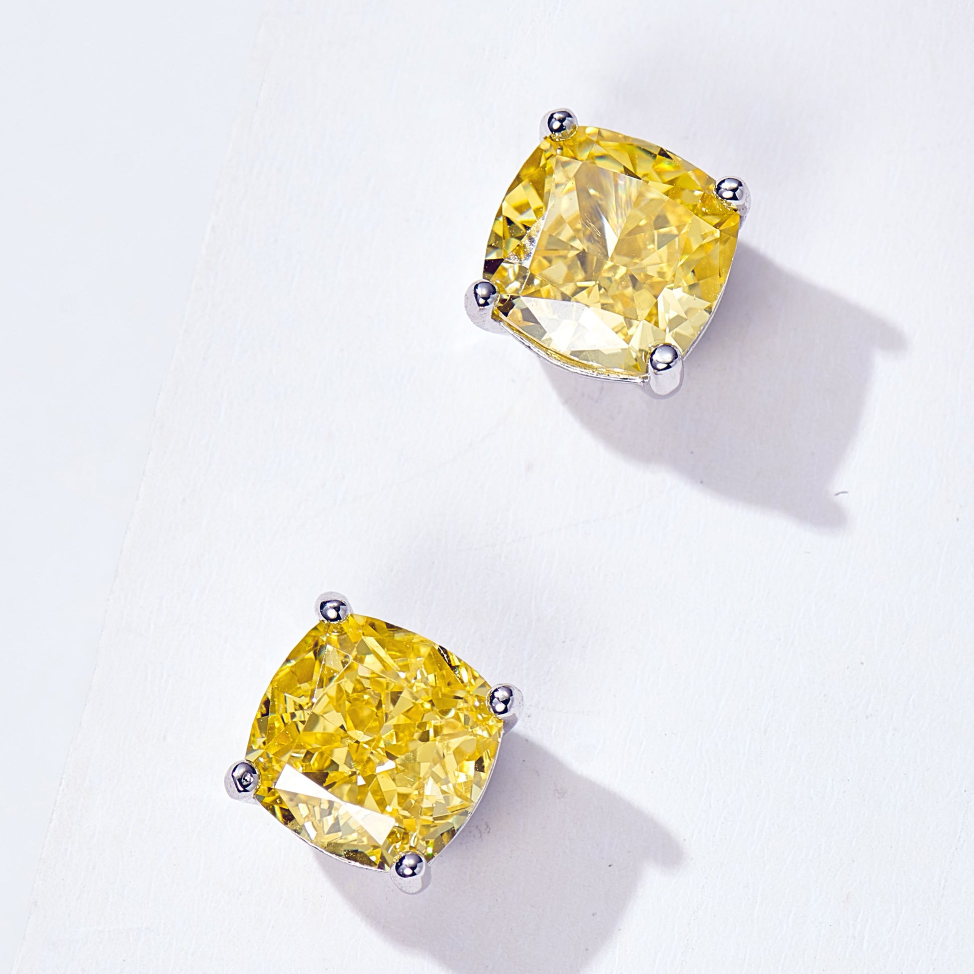 Cushion Cut Yellow Gemstone Studs | Silver Earrings
