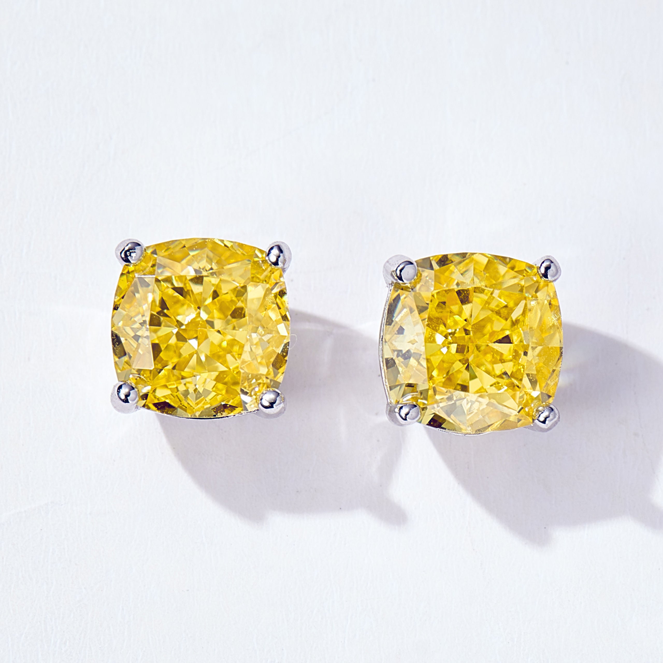 Cushion Cut Yellow Gemstone Studs | Silver Earrings
