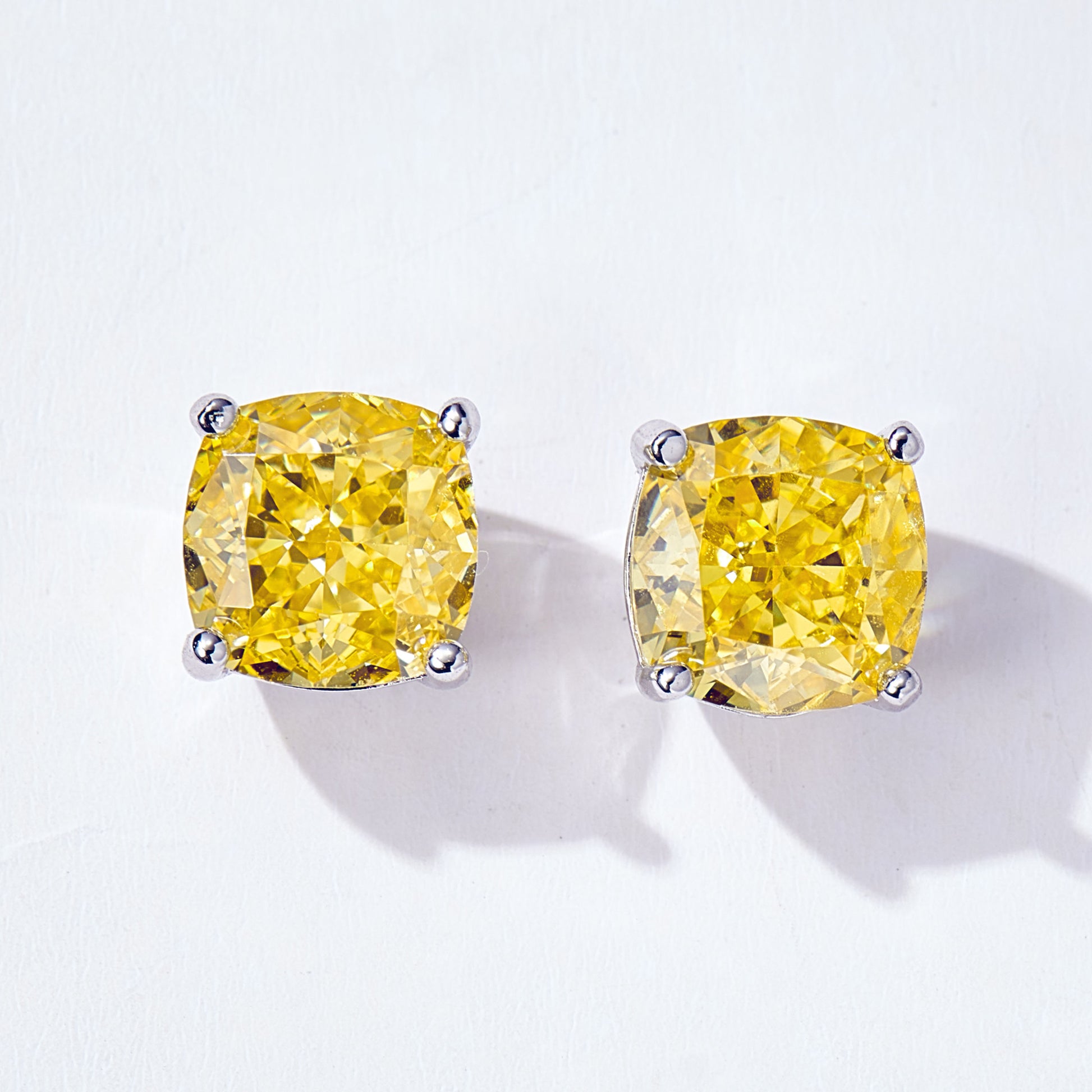 Cushion Cut Yellow Gemstone Studs | Silver Earrings