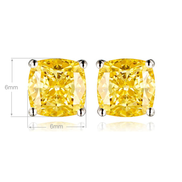 Cushion Cut Yellow Gemstone Studs | Silver Earrings