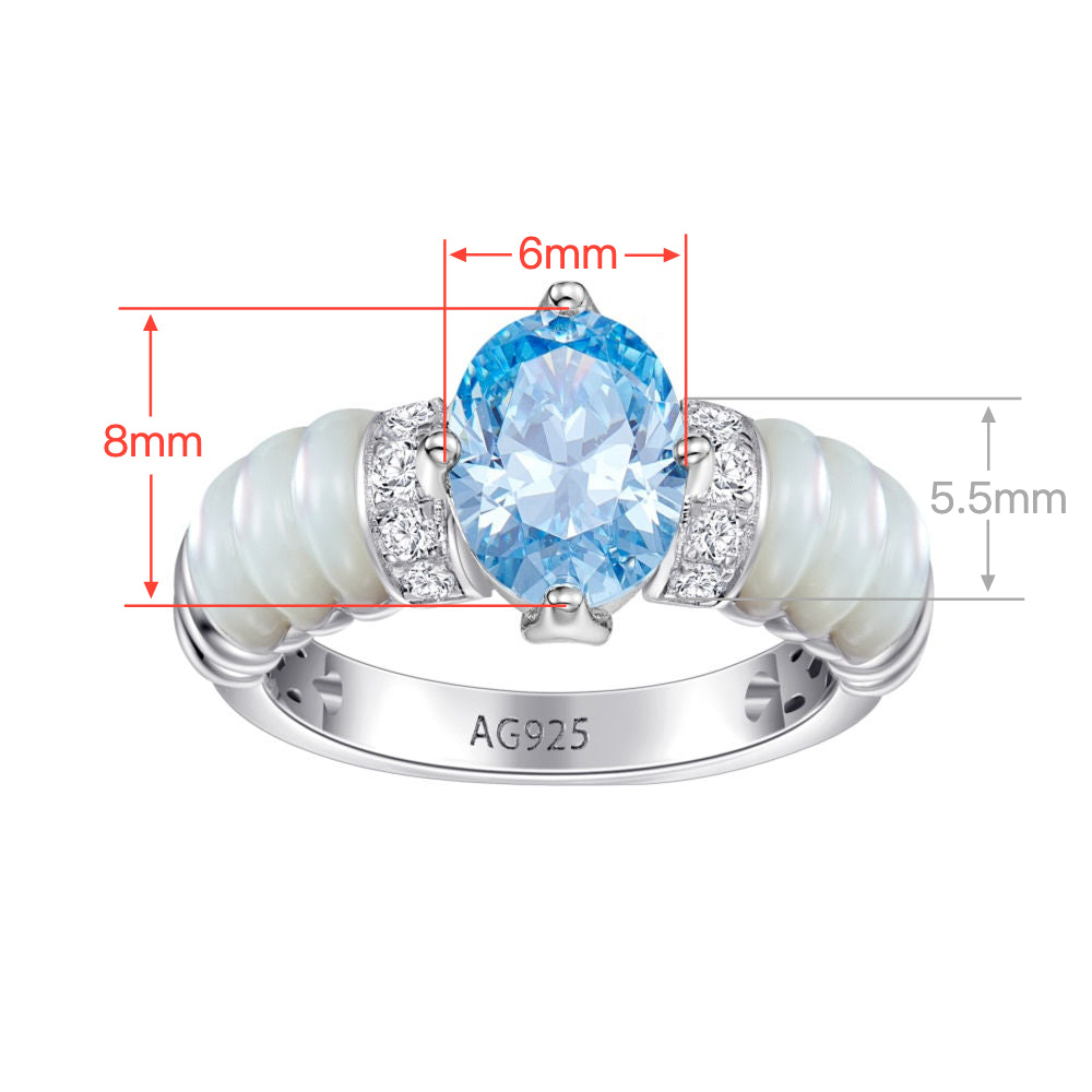 White MOP Aquamarine Zircon Ring | Silver Ring