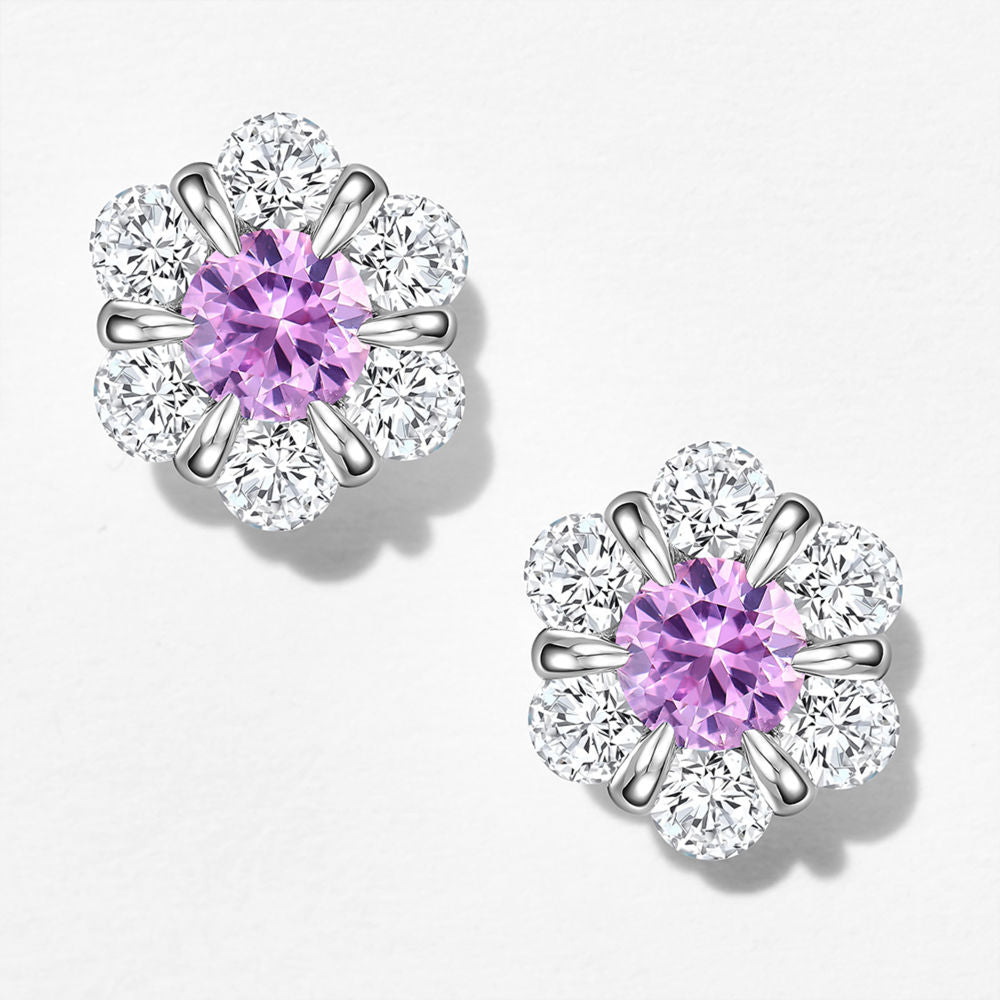 Purple Gemstone Flower Stud Earrings | Silver Earrings