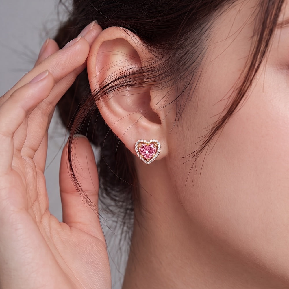 Lab-Grown Padparadscha Heart Stud Earrings | Silver Earrings