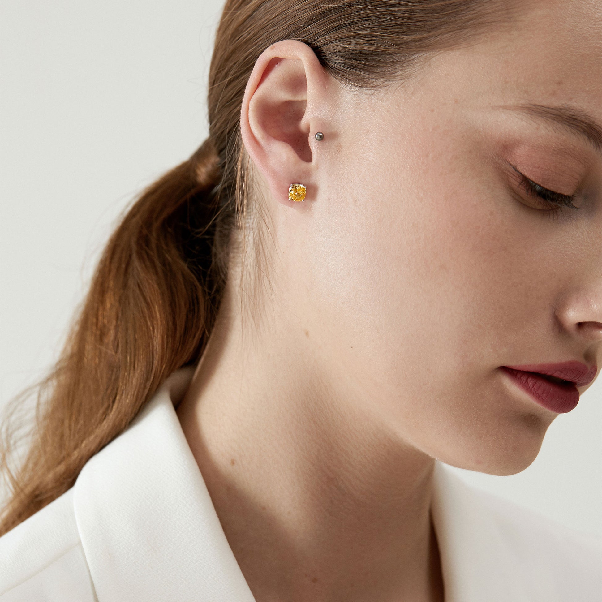 Cushion Cut Yellow Gemstone Studs | Silver Earrings