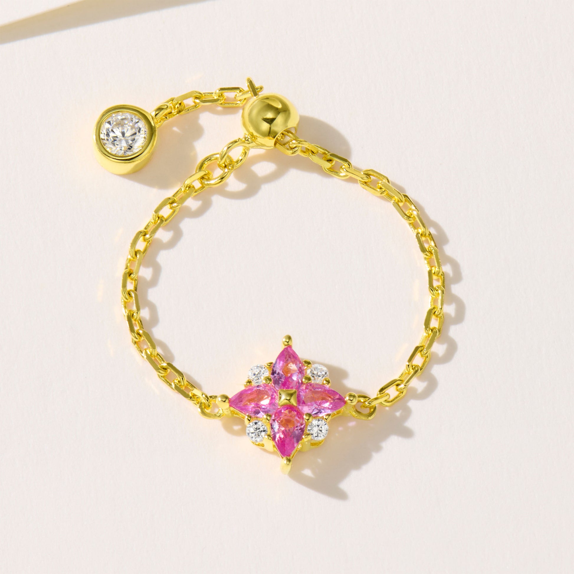 Pink Gemstone Pull-Chain Adjustable Ring｜Silver Ring