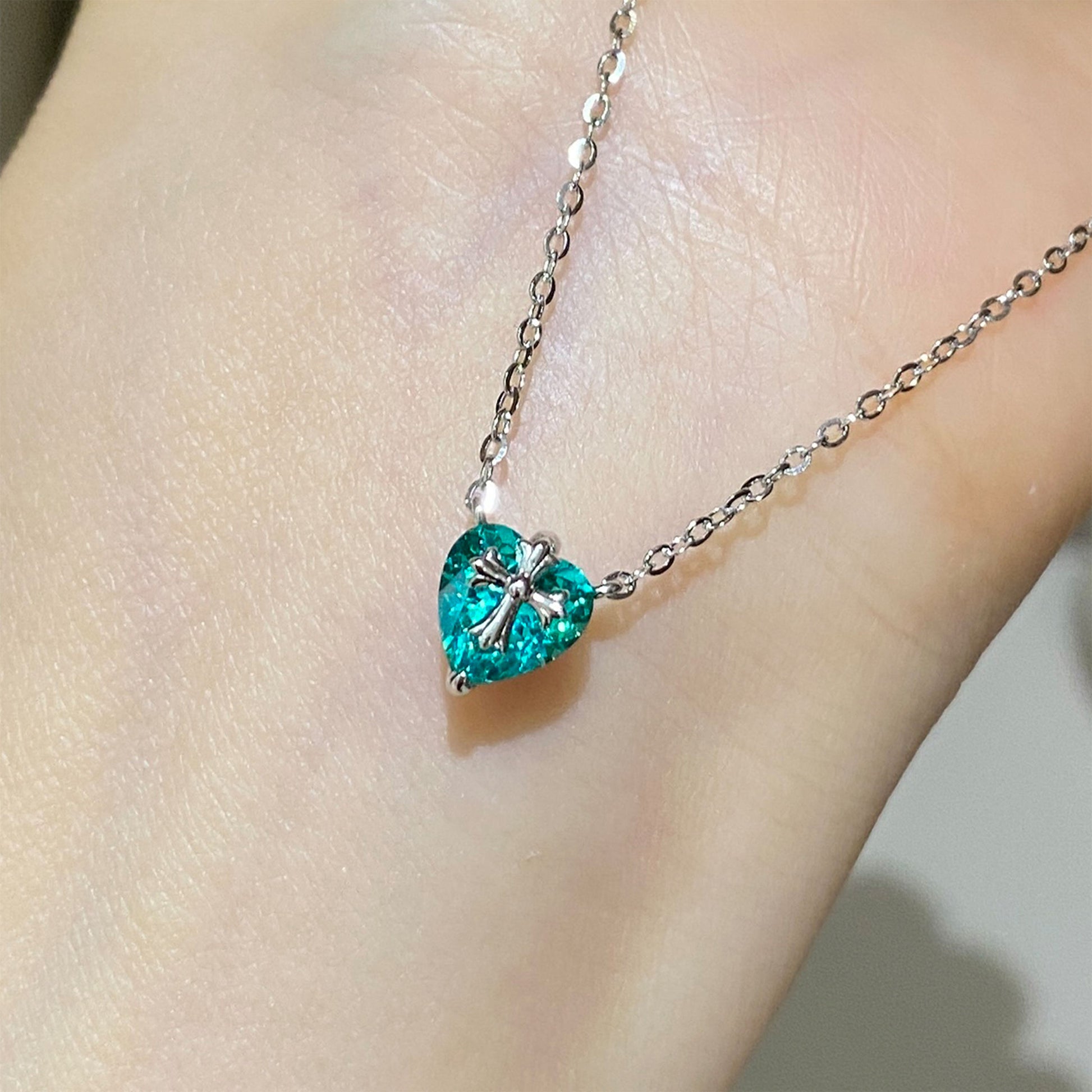 Paraiba Cross Heart Necklace｜Silver Necklace
