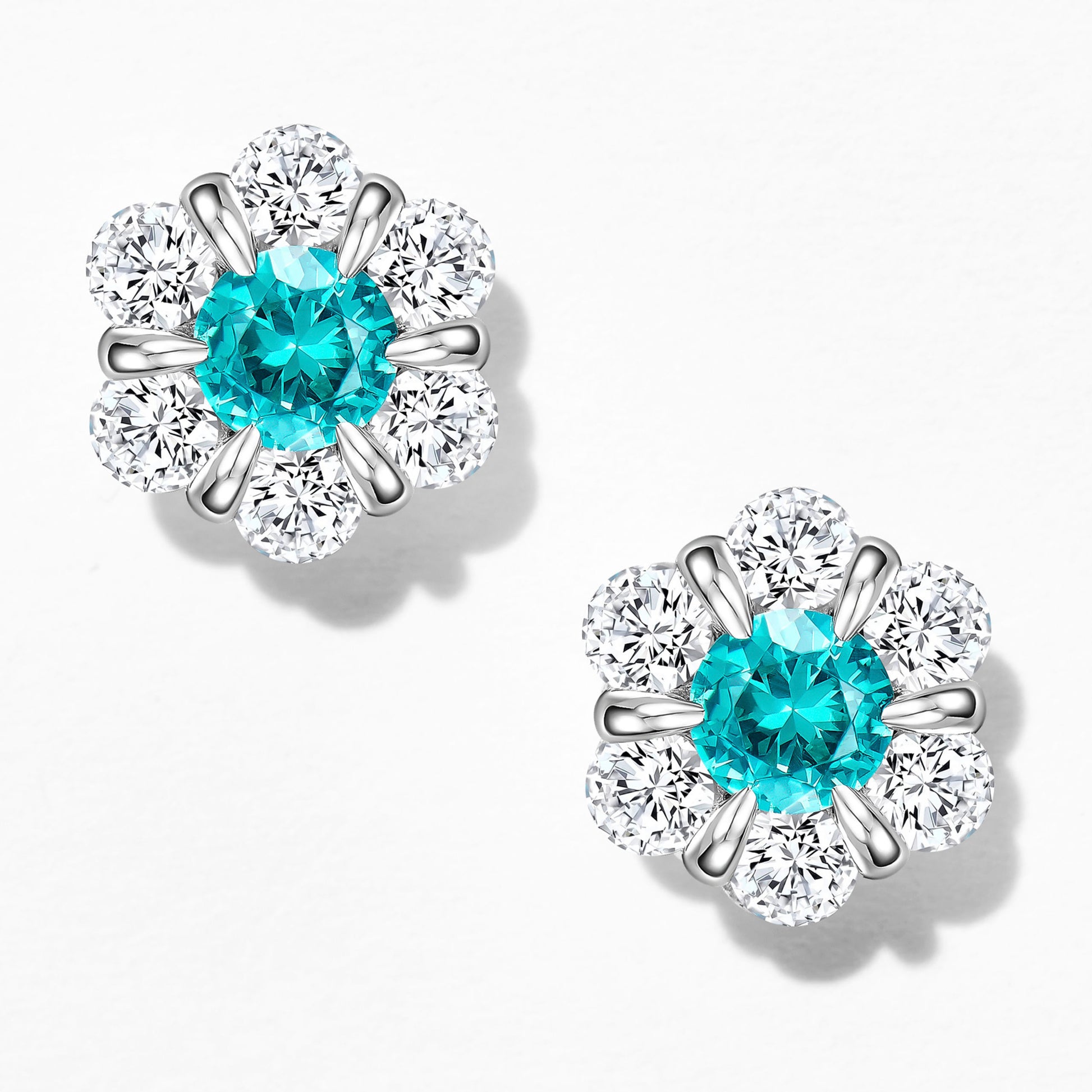 Light Blue Gemstone Flower Stud Earrings | Silver Earrings