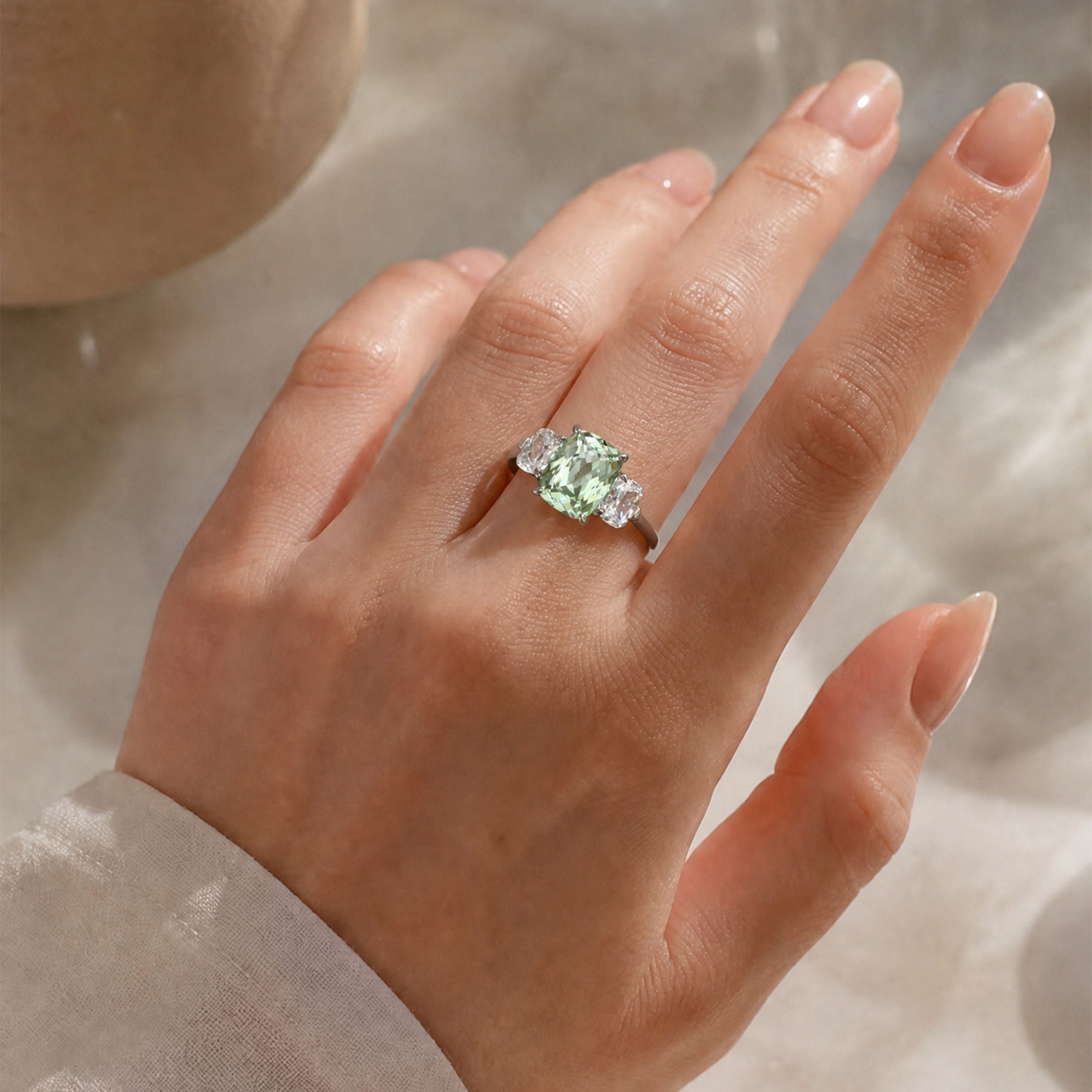 Mint Green Three Stone Ring  | Silver Ring