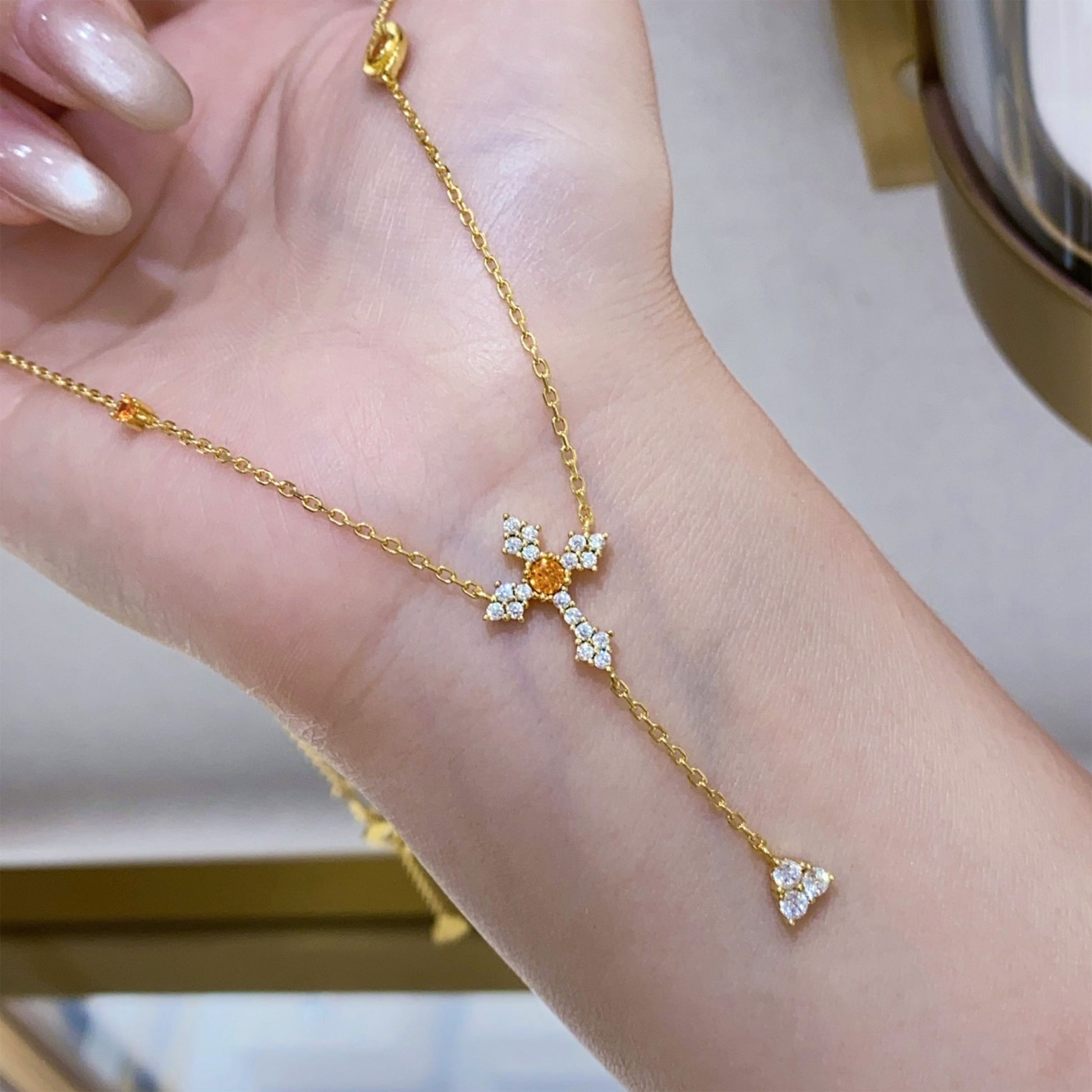 Orange Cross Y-Necklace | Silver Necklace