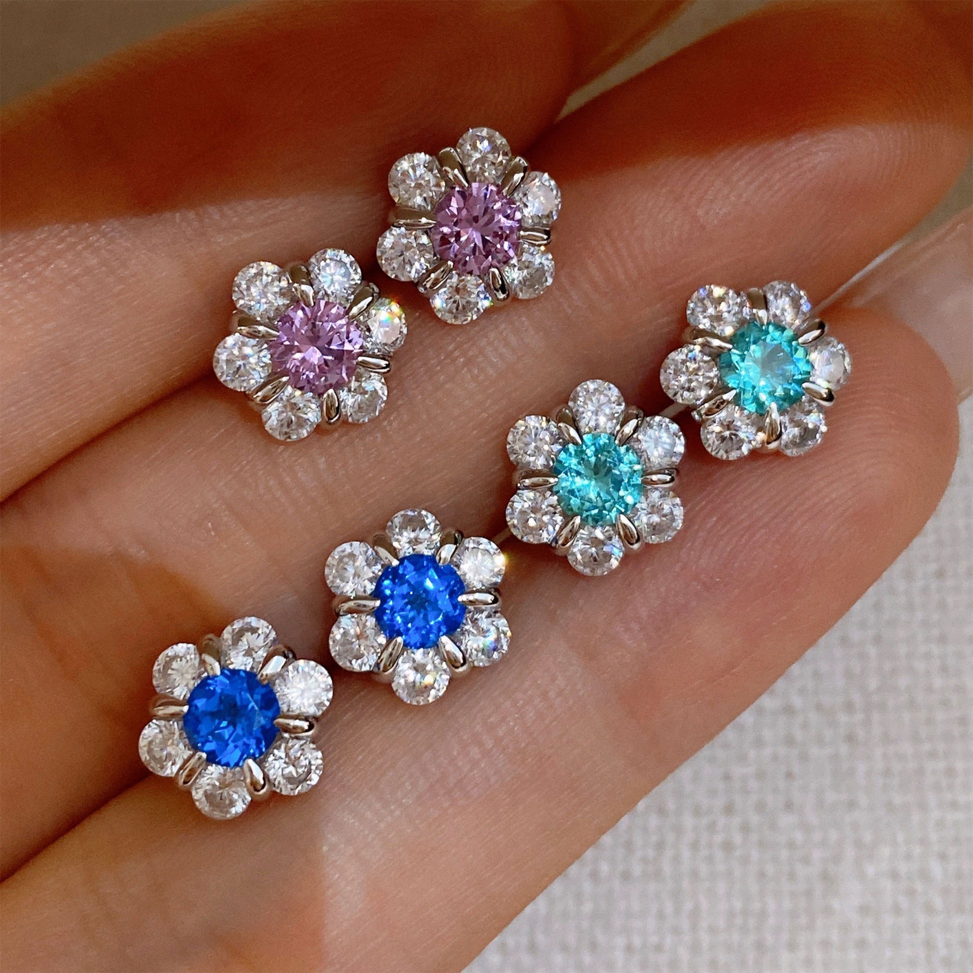 Blue Gemstone Flower Stud Earrings | Silver Earrings