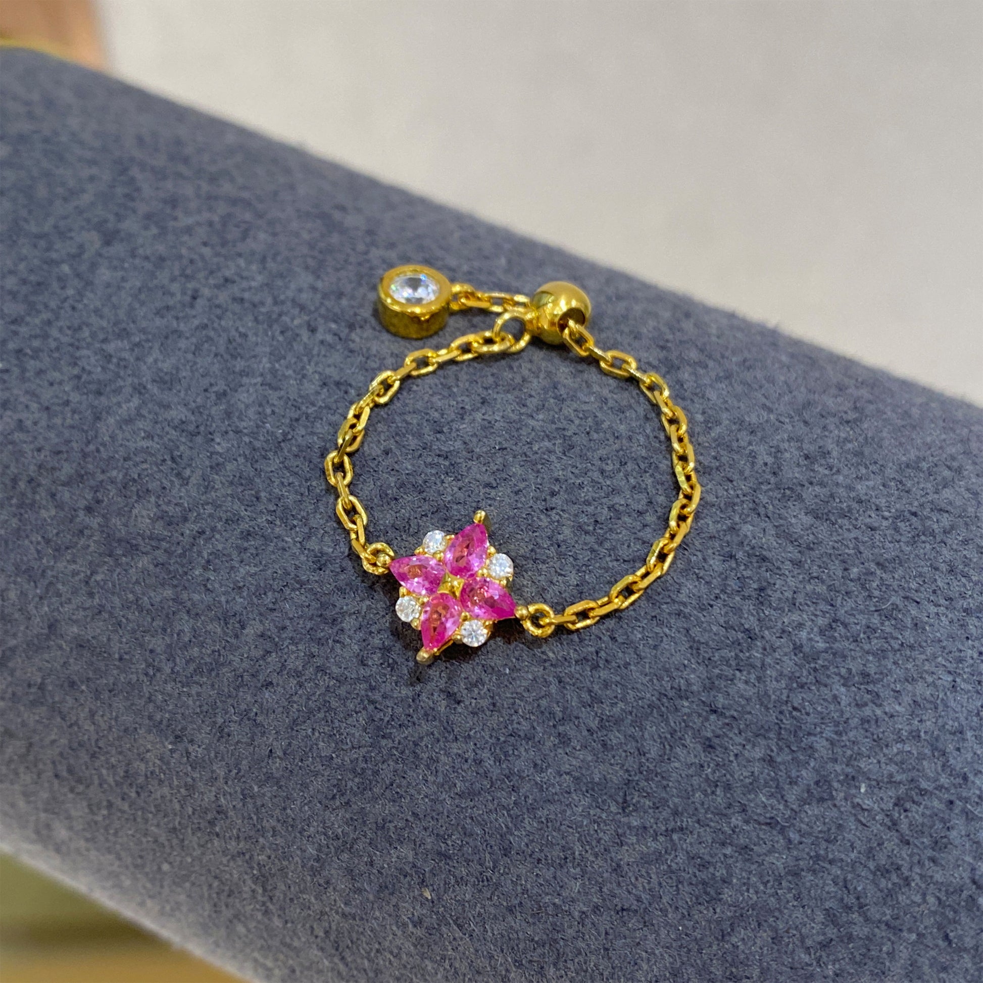 Pink Gemstone Pull-Chain Adjustable Ring｜Silver Ring