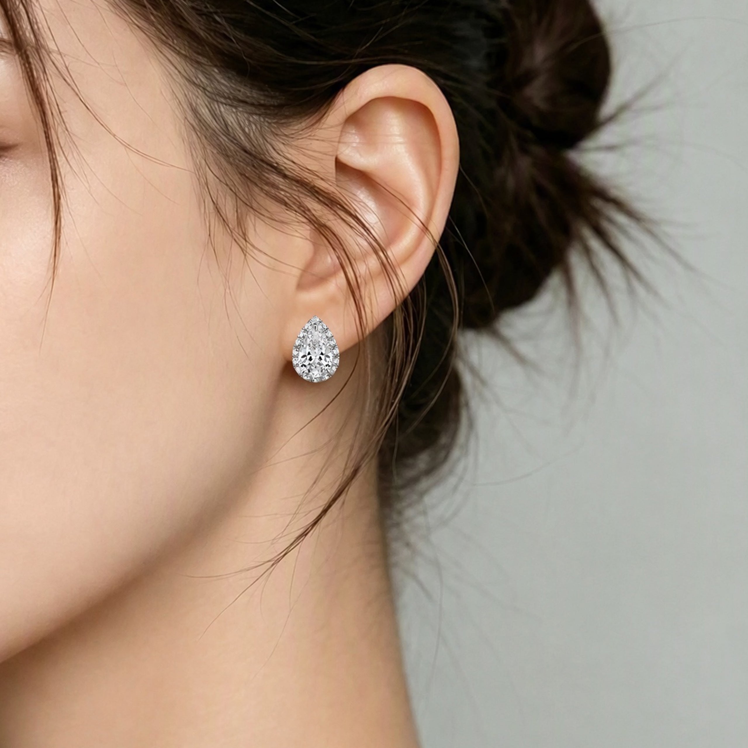 Pear-Cut Halo Stud Earrings | Silver Earrings