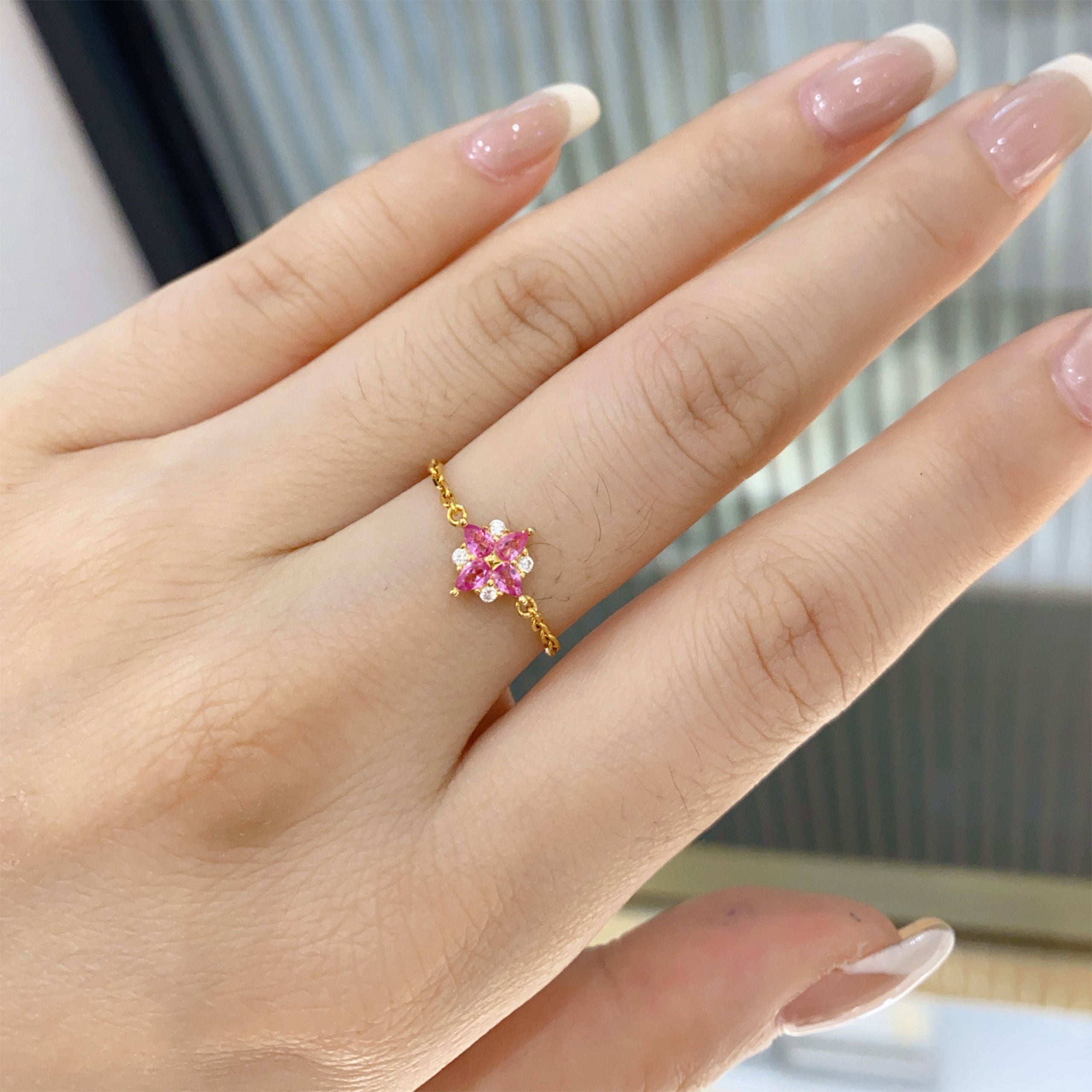 Pink Gemstone Pull-Chain Adjustable Ring｜Silver Ring