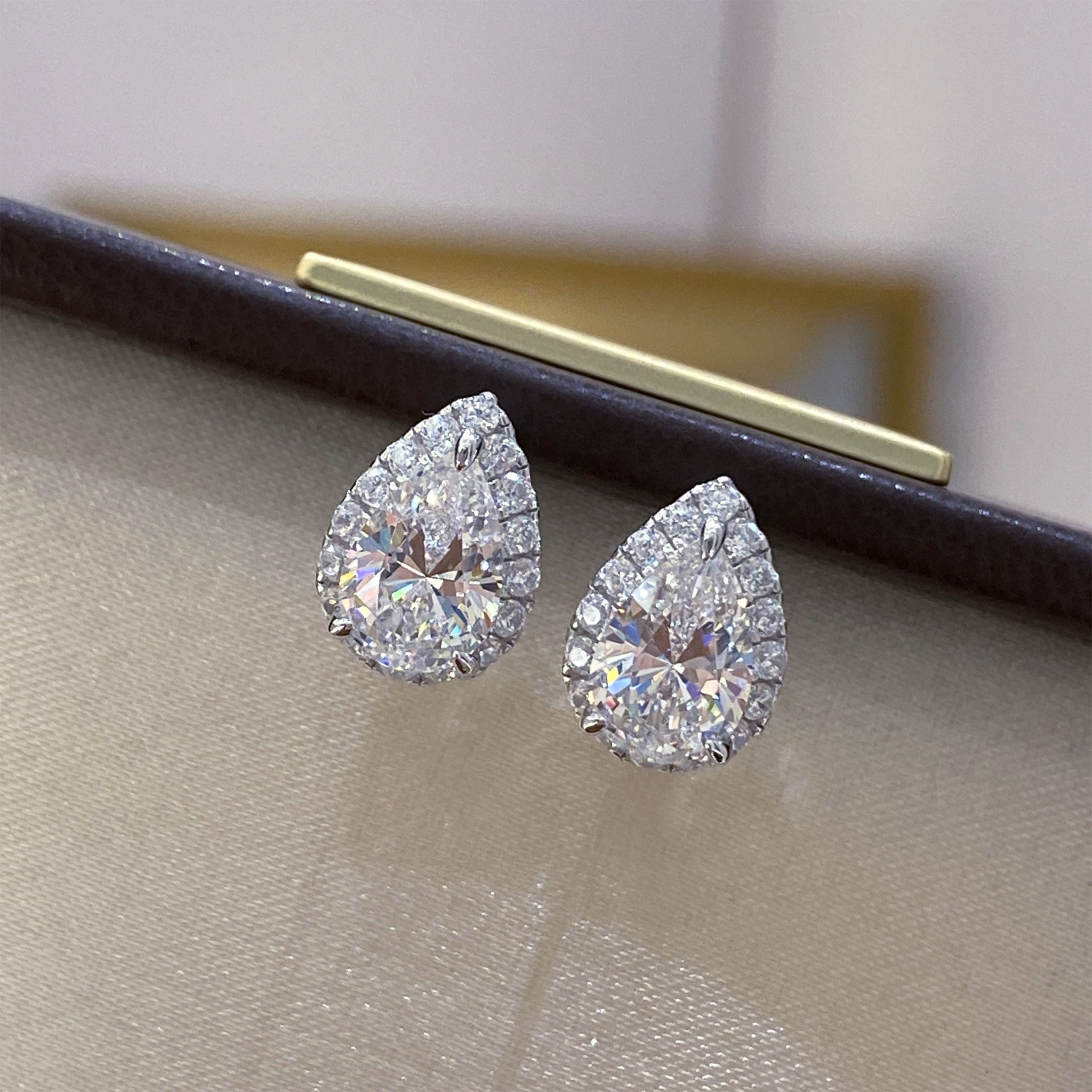 Pear-Cut Halo Stud Earrings | Silver Earrings