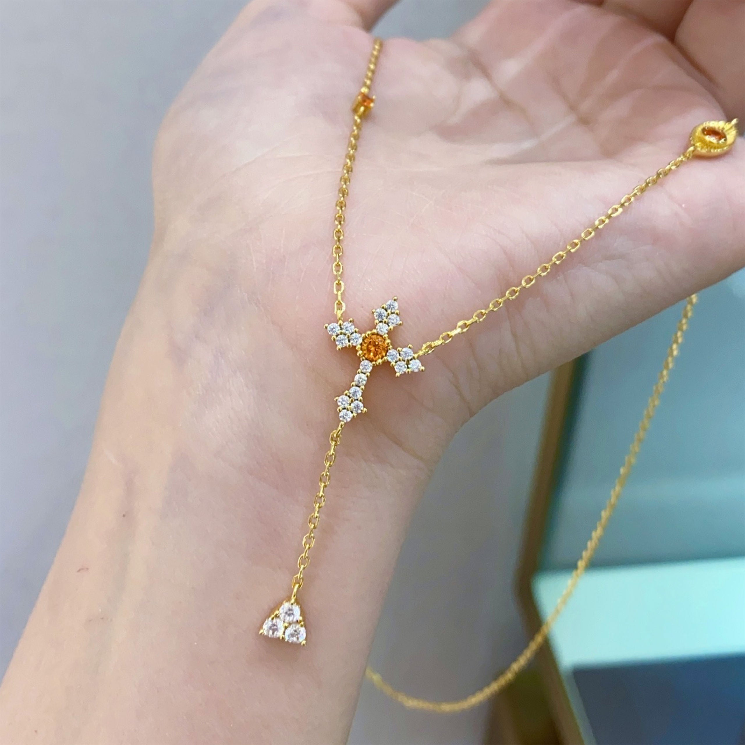 Orange Cross Y-Necklace | Silver Necklace