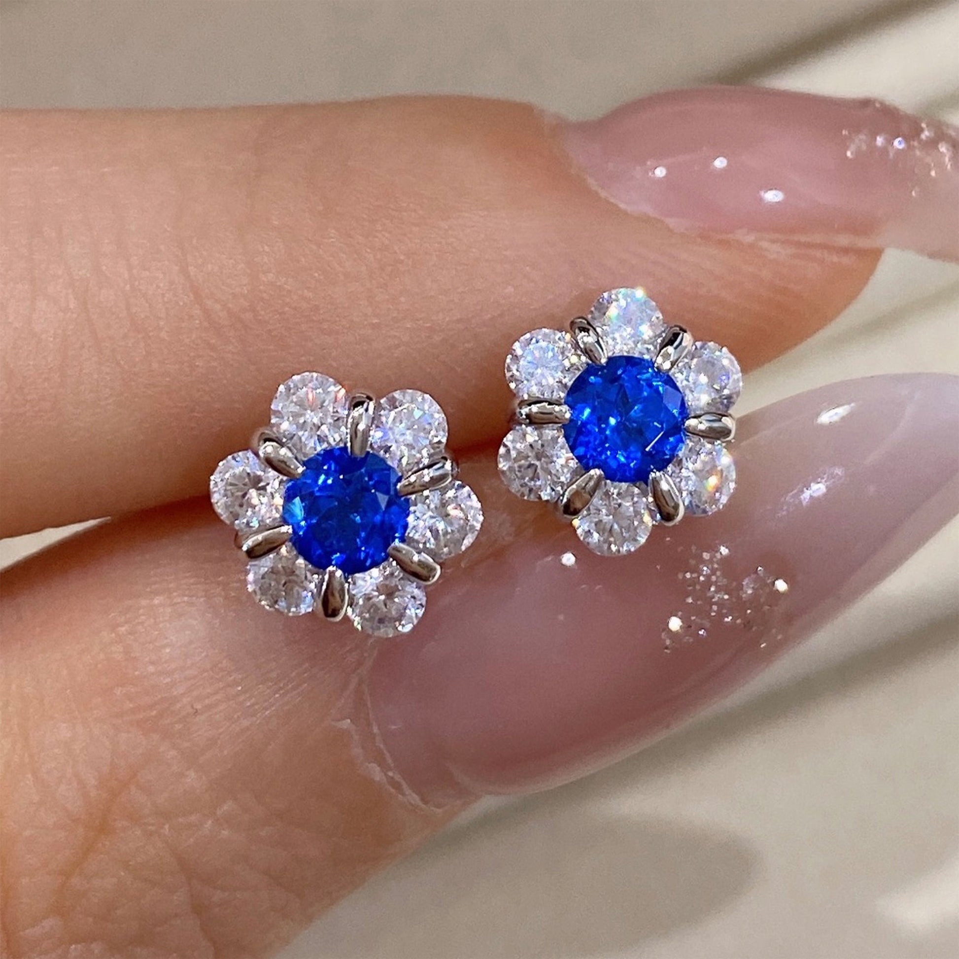 Blue Gemstone Flower Stud Earrings | Silver Earrings