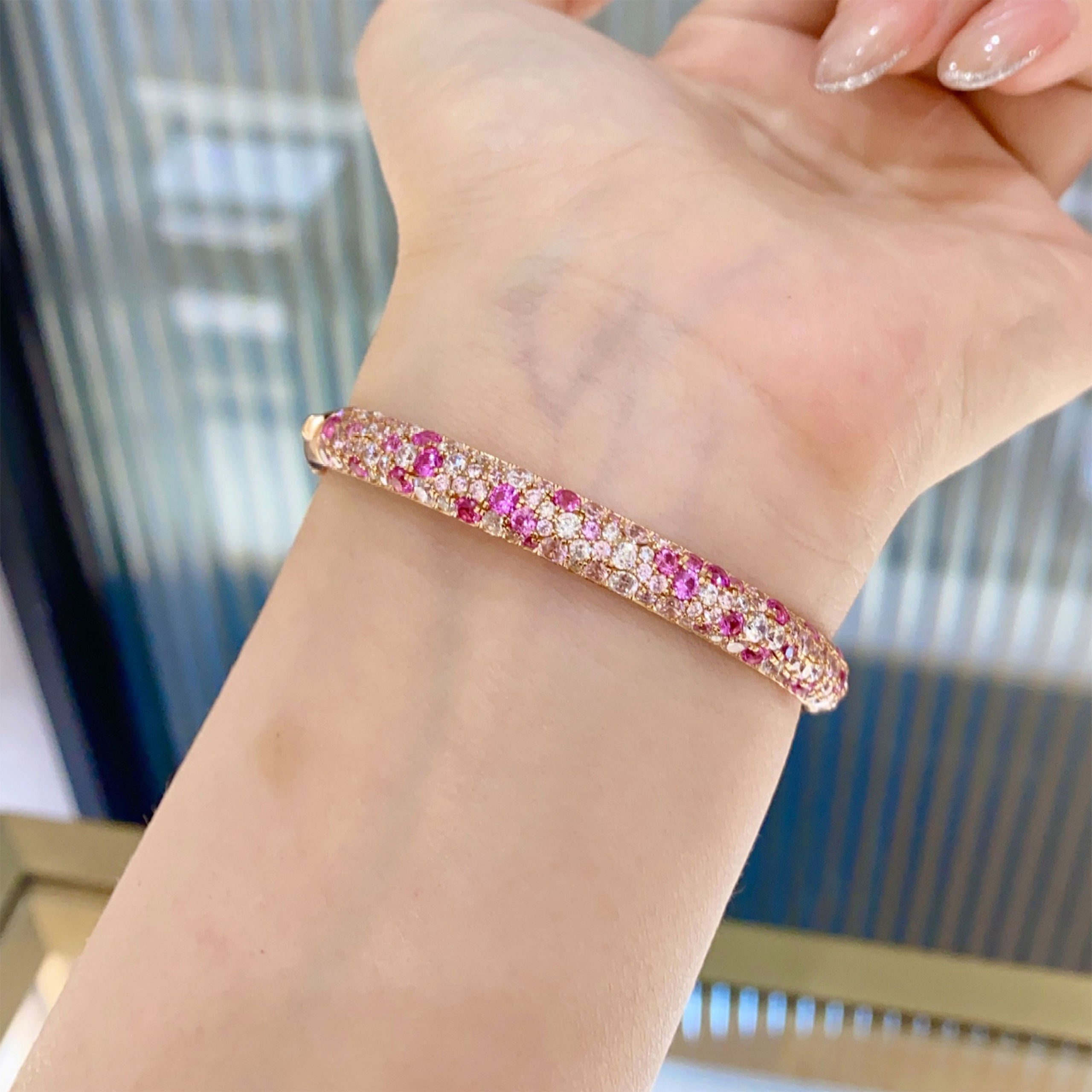 Gradient Pink Zircon Bangle | Silver Bracelet