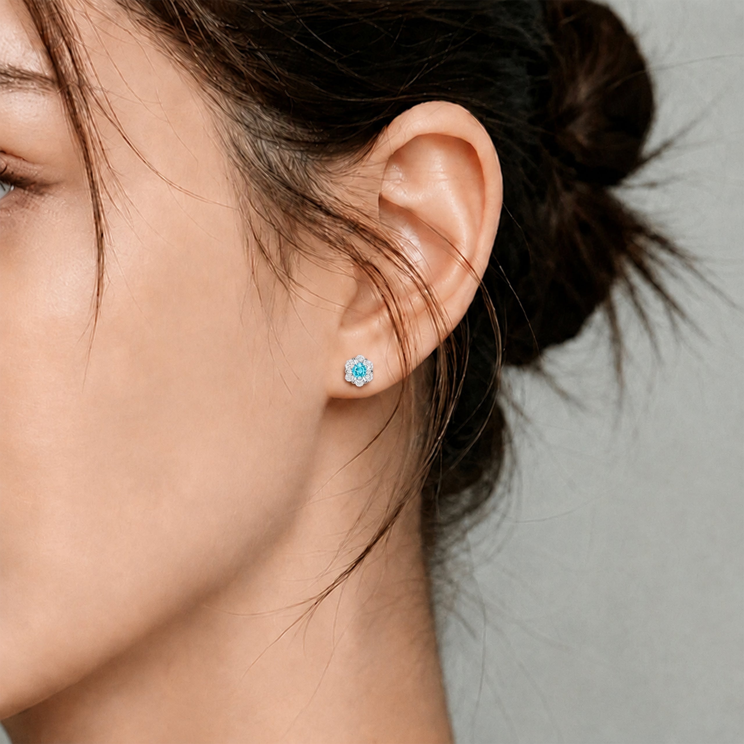 Light Blue Gemstone Flower Stud Earrings | Silver Earrings