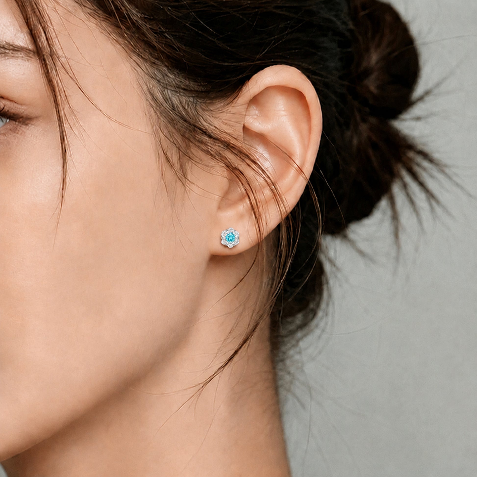 Light Blue Gemstone Flower Stud Earrings | Silver Earrings