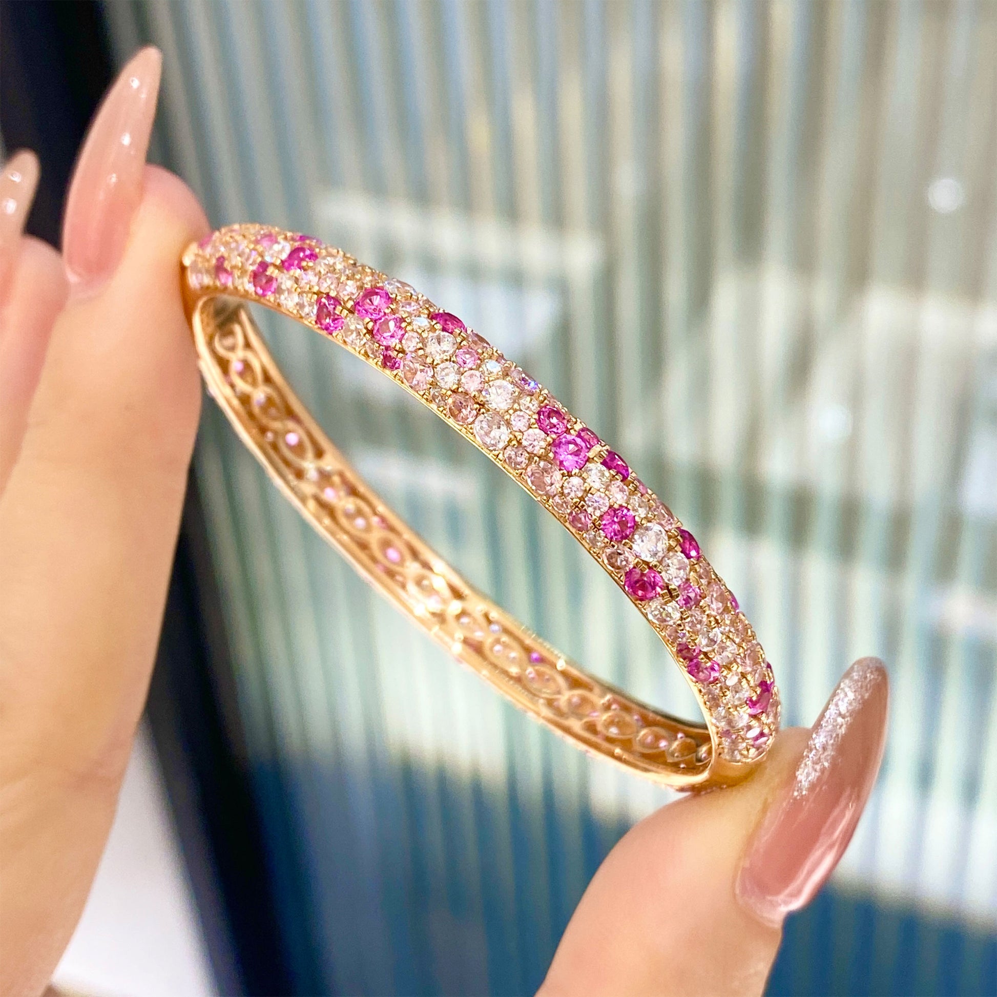 Gradient Pink Zircon Bangle | Silver Bracelet