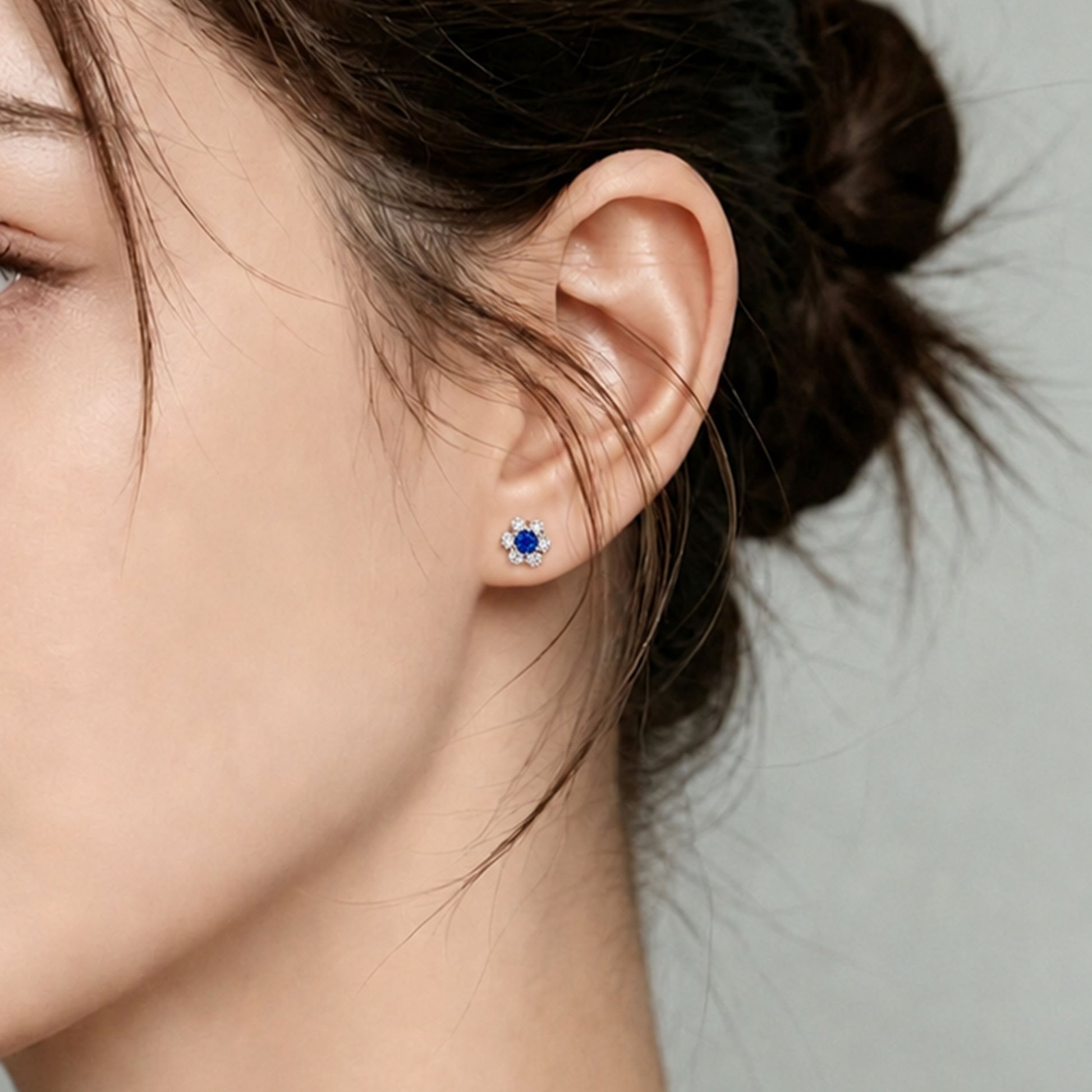 Blue Gemstone Flower Stud Earrings | Silver Earrings