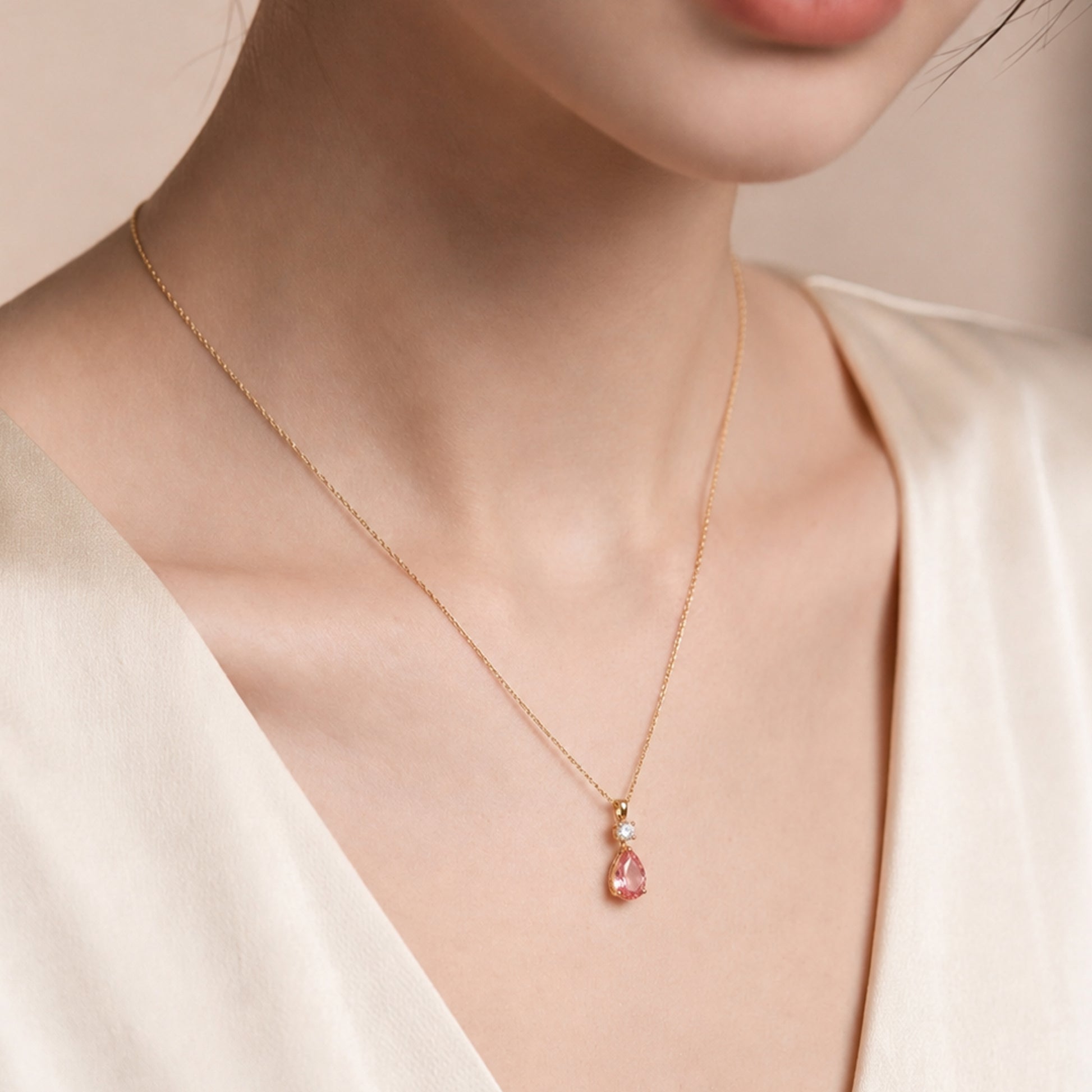 Lab-Grown Padparadscha Teardrop Necklace｜Silver Necklace