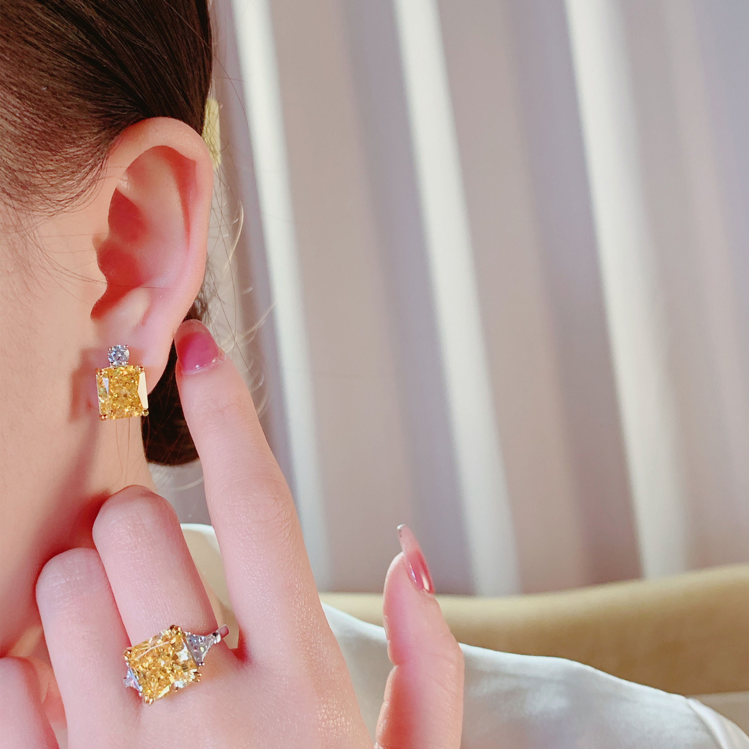 Yellow Cushion-Cut Stud Earrings | Silver Earrings