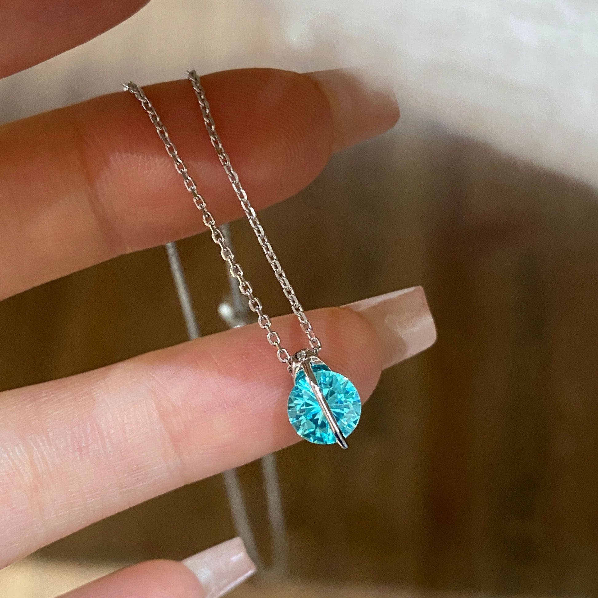 Vivid Sparkling Blue Gem  Necklace | Silver Necklace