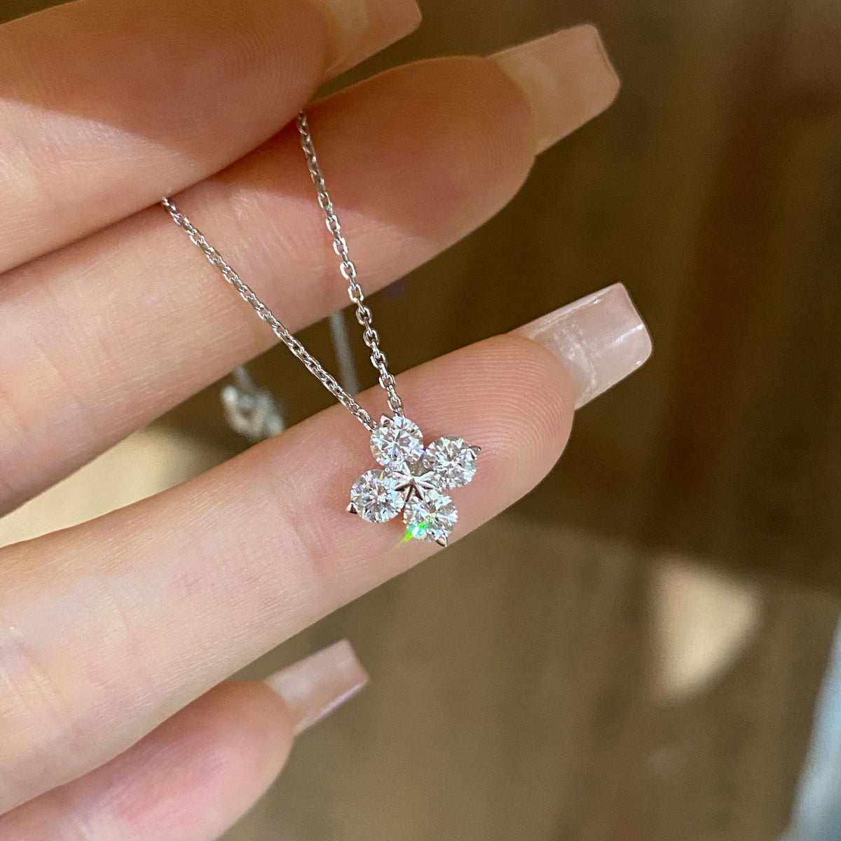 Mini Lab Grown Diamond  Four Leaf Clover Pendant | Silver Necklace