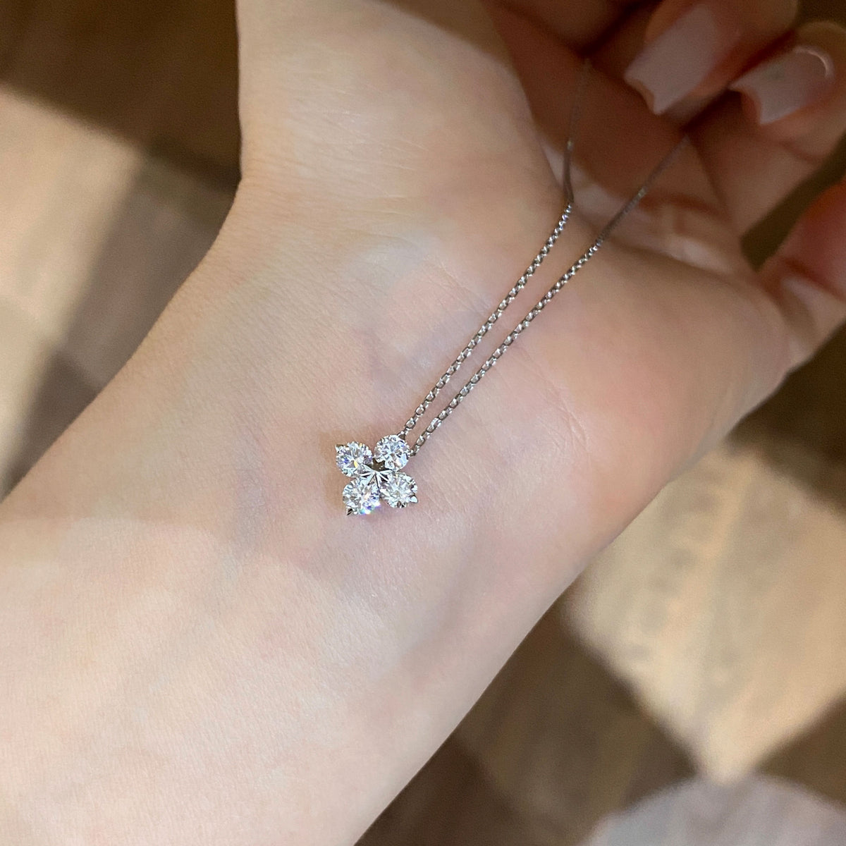 Mini Lab Grown Diamond  Four Leaf Clover Pendant | Silver Necklace