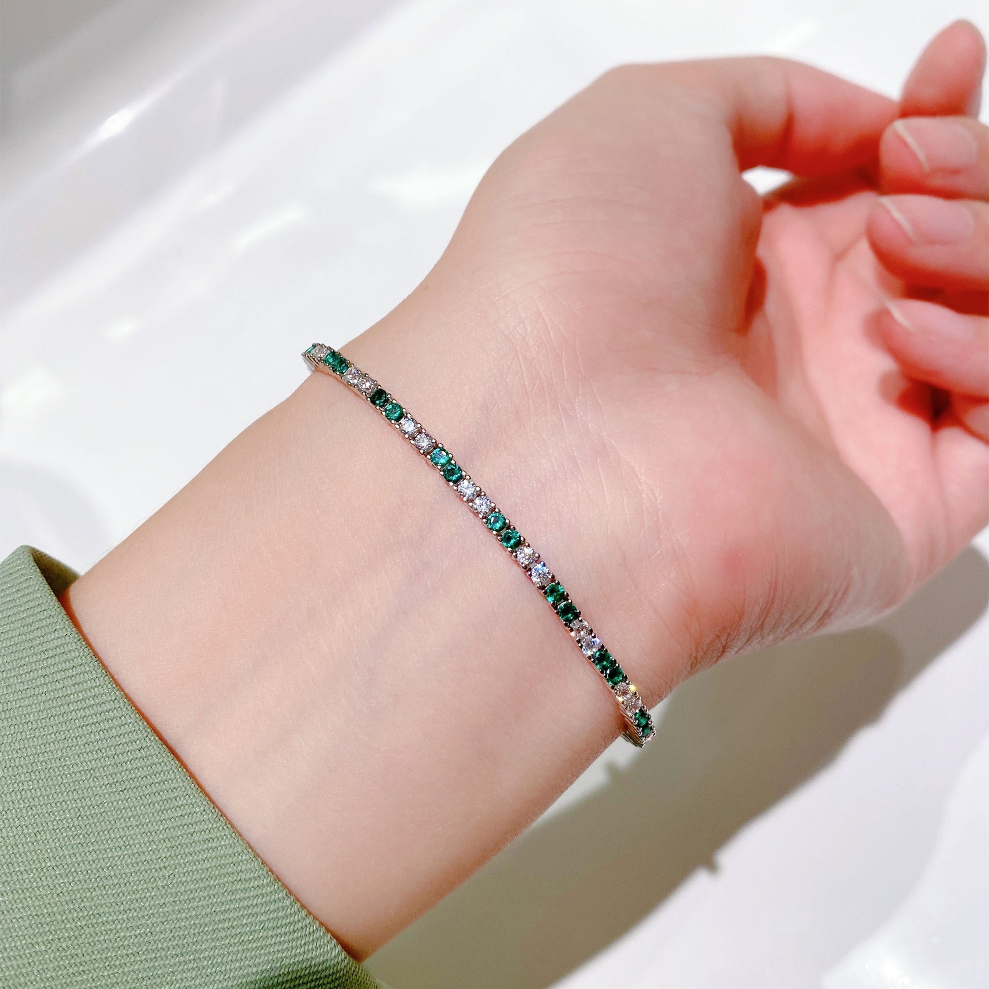 Silver Green & Clear Stone Tennis Bracelet