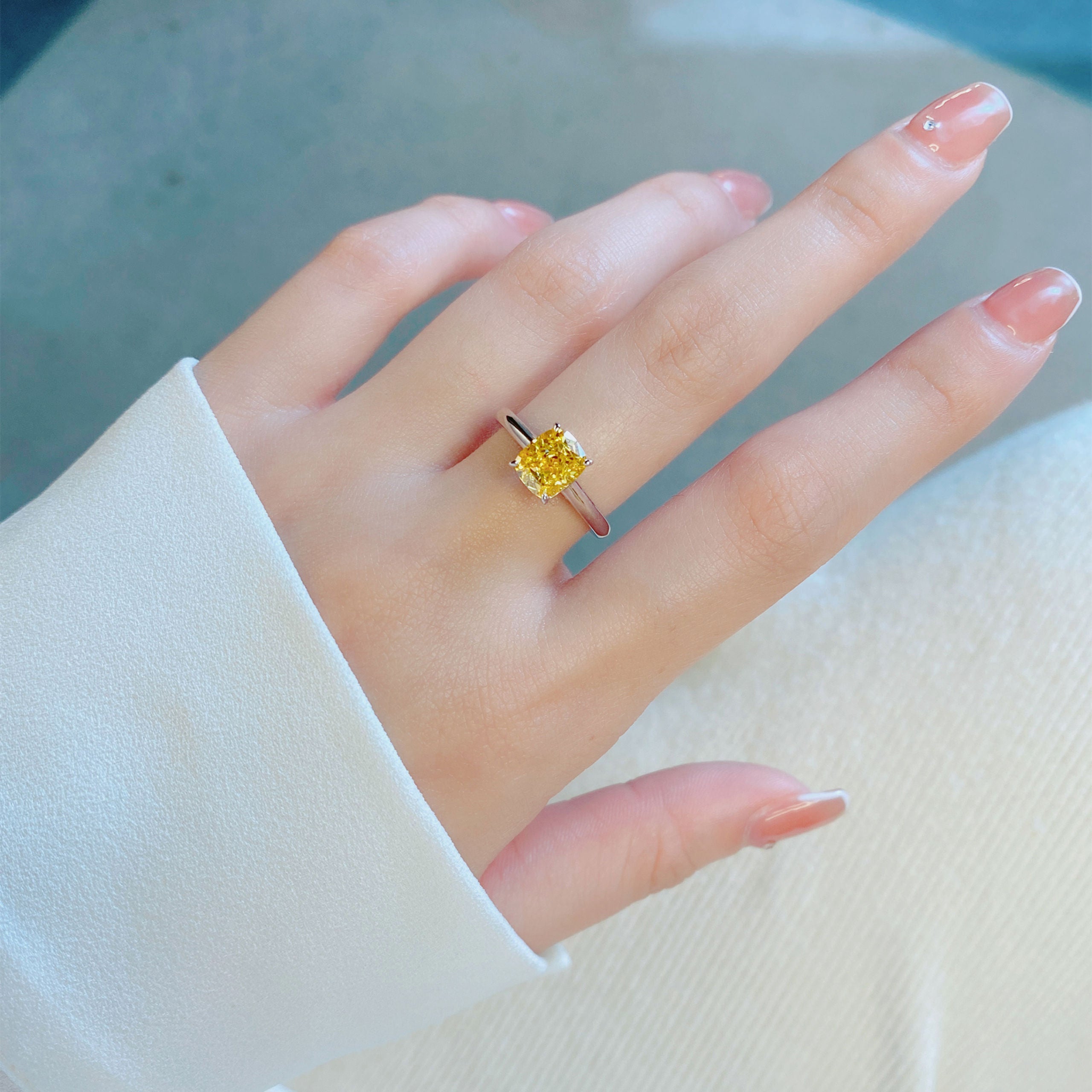 Cushion Cut Yellow Gemstone Ring | Silver Ring