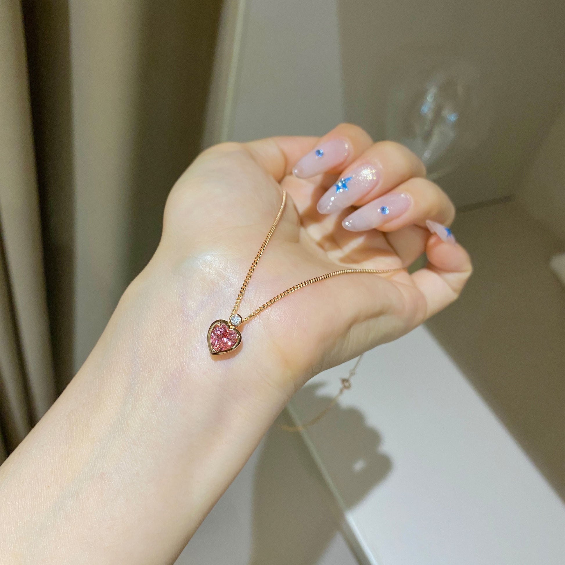 Padparadscha Bezel Heart Necklace｜Silver Necklace
