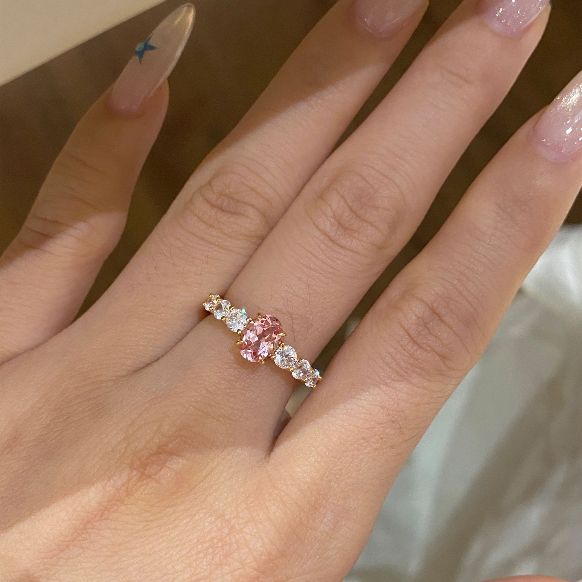 Padparadscha Pink Gem Oval Band Ring | Silver  Ring