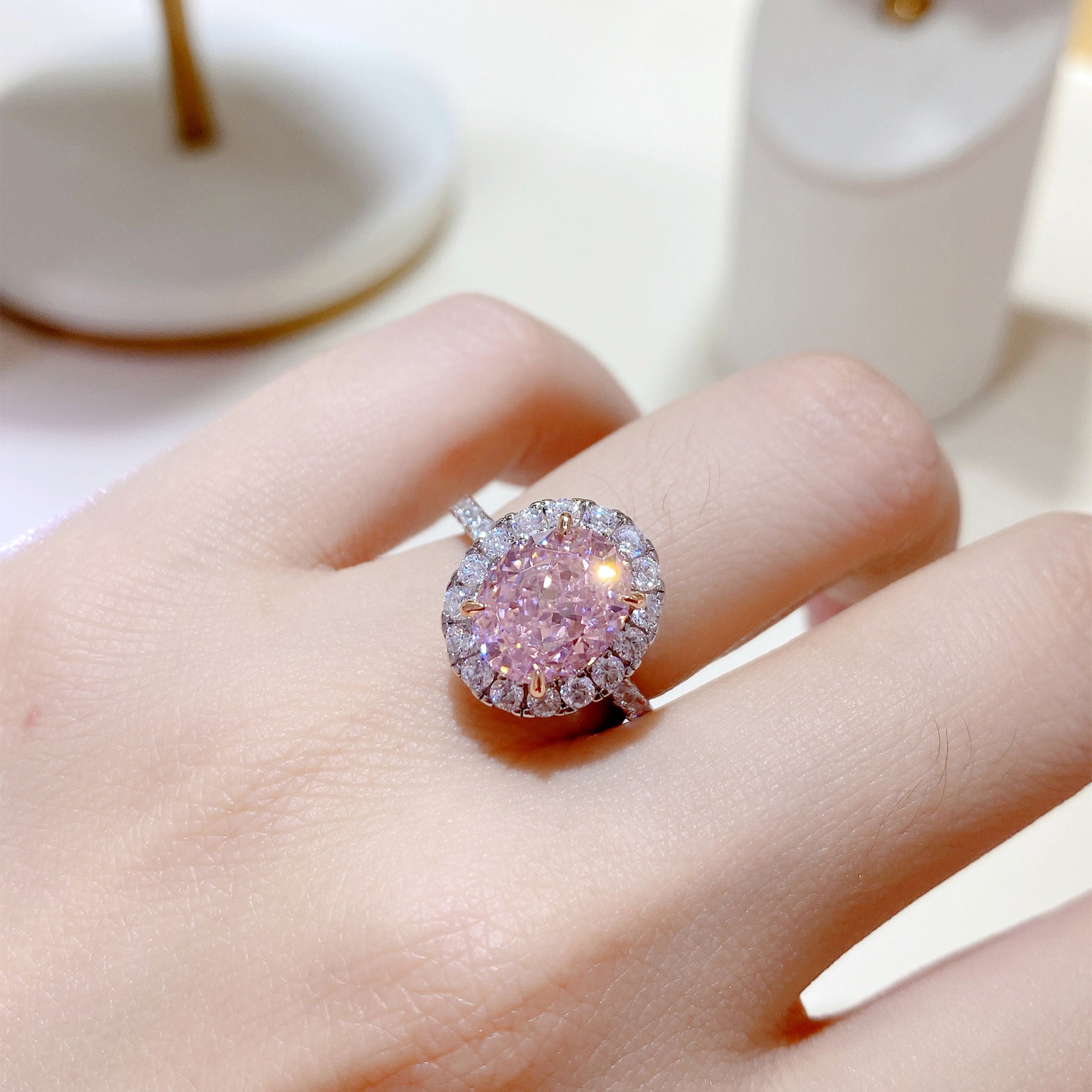 3ct Pink Gemstone Halo Ring | Silver Ring