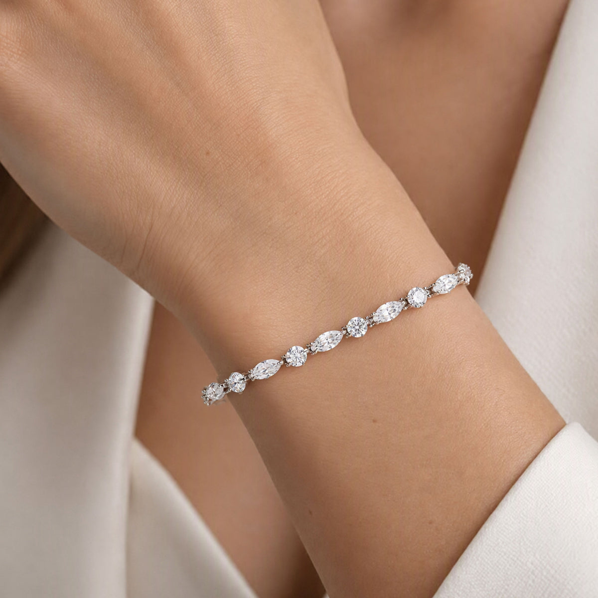 Elegant Marquise & Round Cut Tennis Silver Bracelet