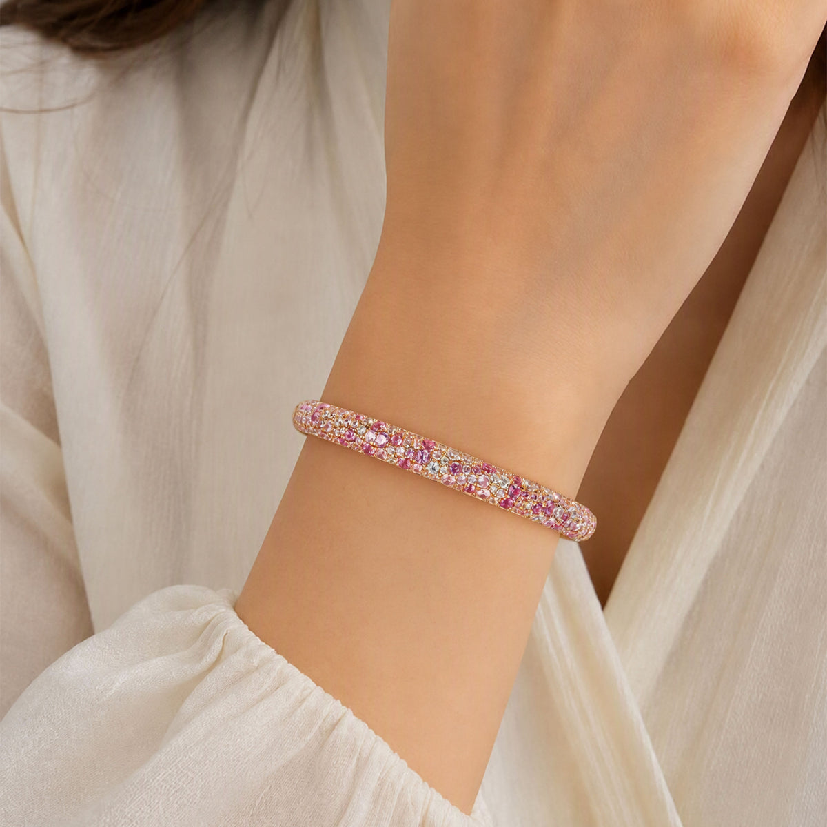 Gradient Pink Zircon Bangle | Silver Bracelet