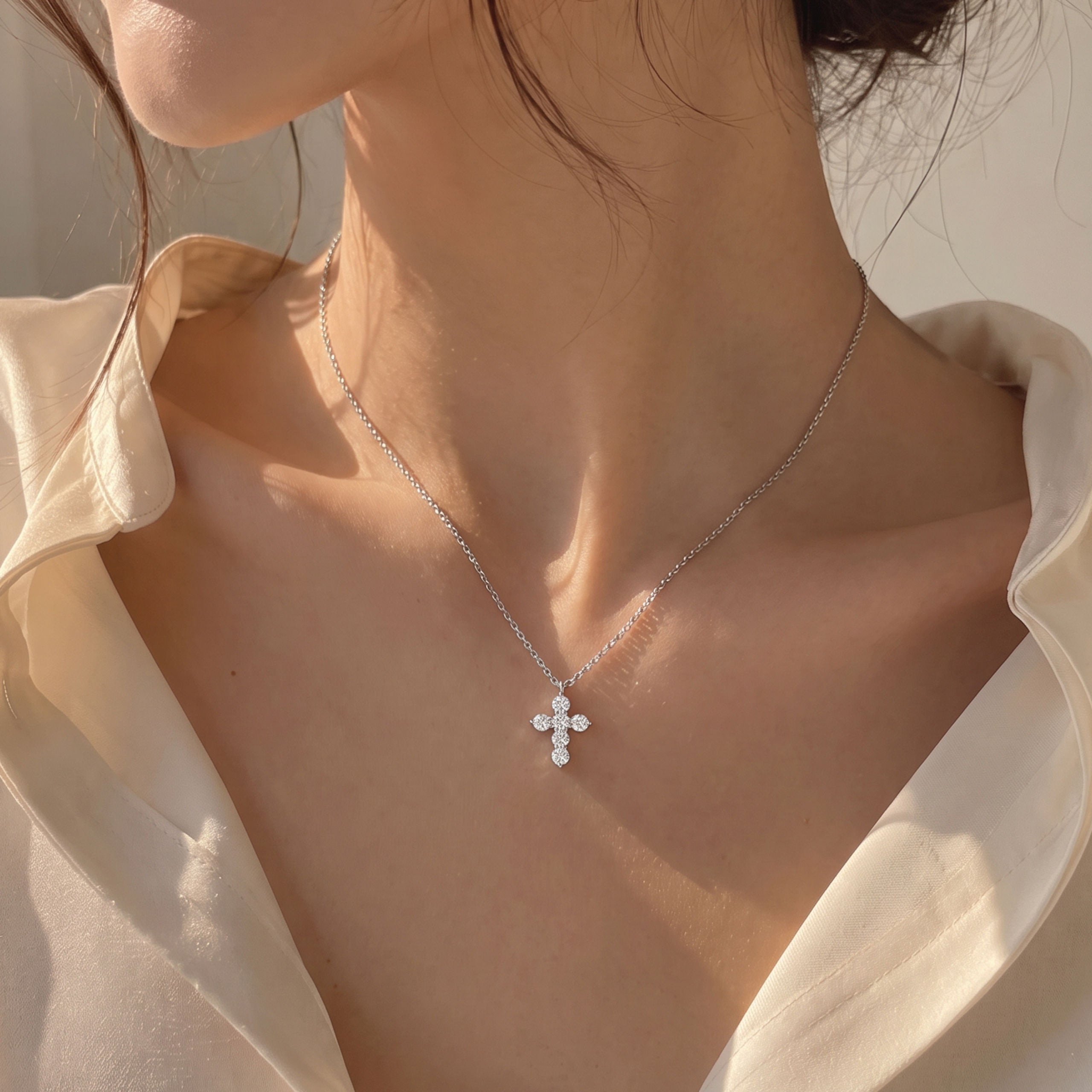 Mini Lab Grown Diamond Cross Pendant | Silver Necklace