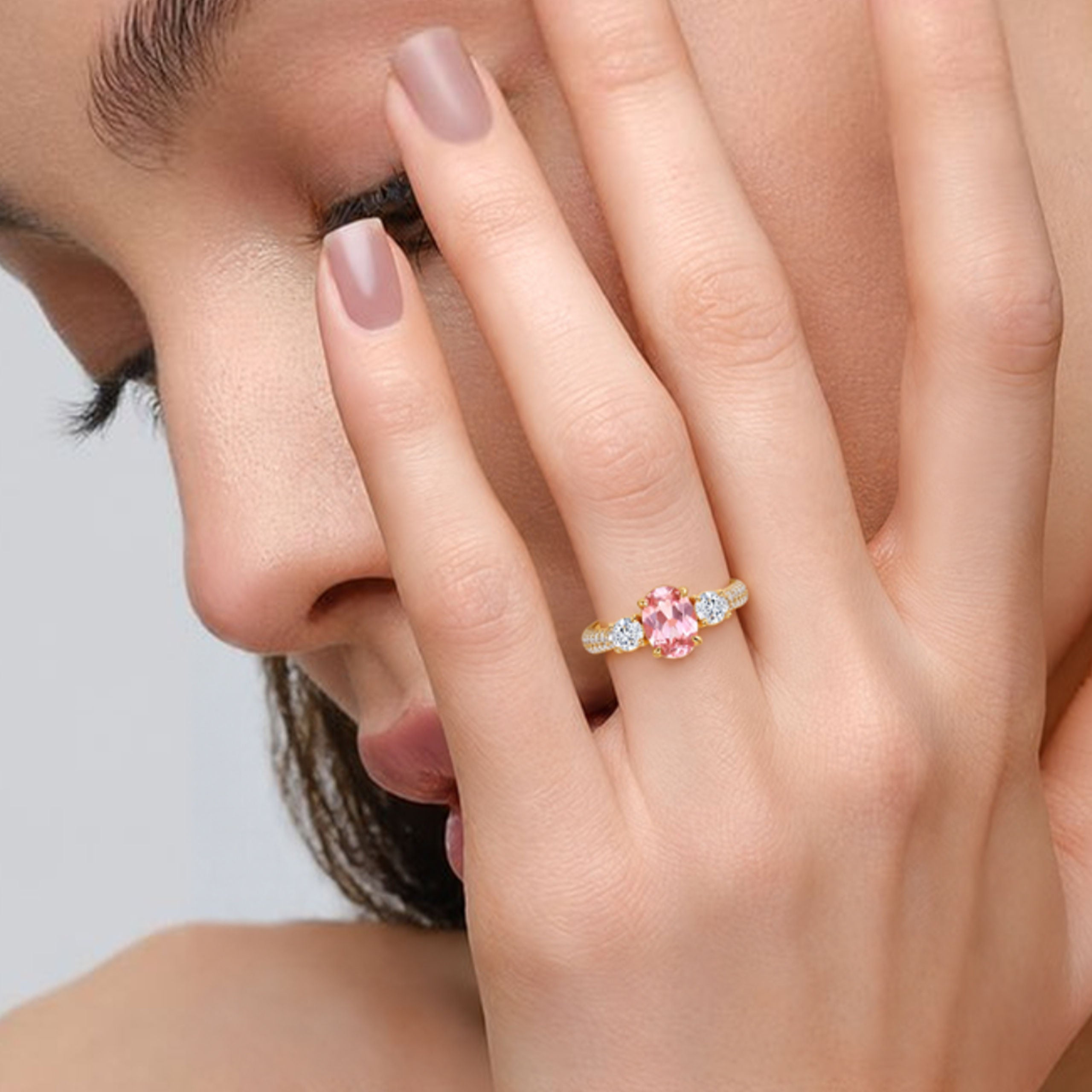 Lab-Grown Padparadscha Pink Gem Oval Cut Ring | Silver Ring